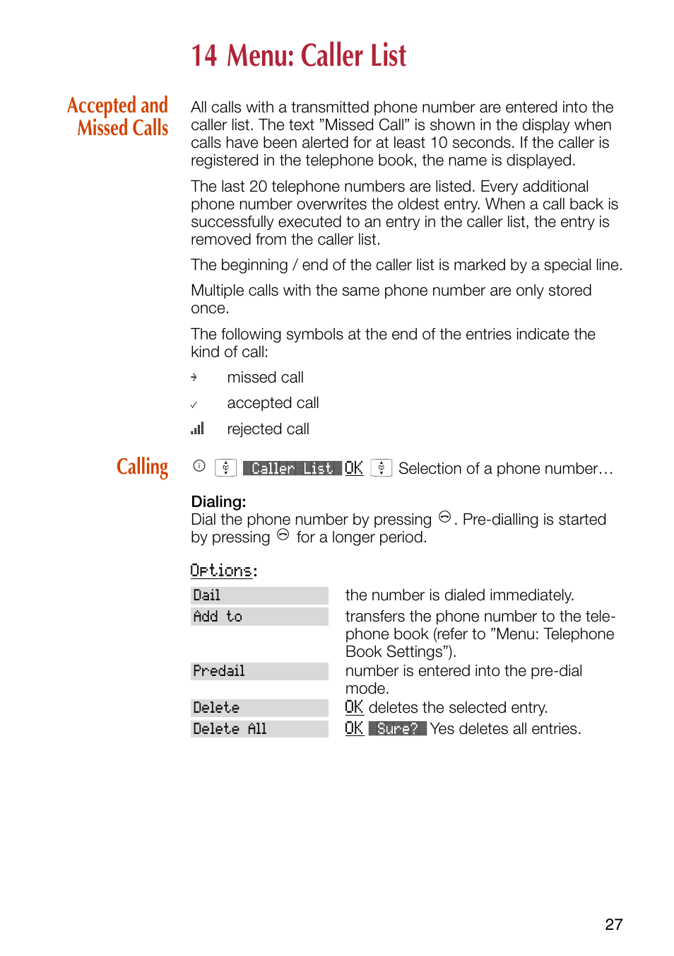 14 menu: caller list, Accepted and missed calls, Calling | Accepted and missed calls calling | Philips SOPHO iSMobile C244 User Manual | Page 29 / 43