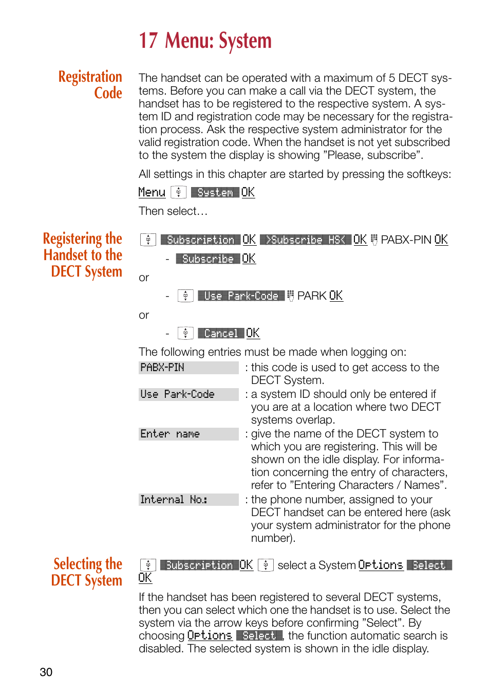 17 menu: system, Registration code, Registering the handset to the dect system | Selecting the dect system, Registration code registering the handset to the, Dect system | Philips SOPHO iSMobile C244 User Manual | Page 32 / 43