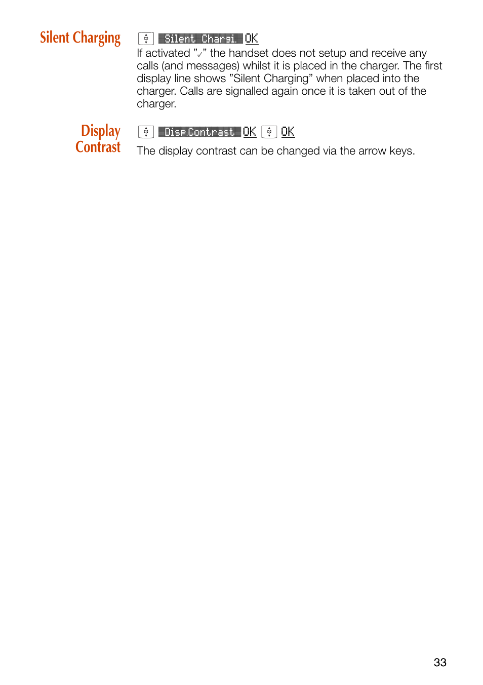 Silent charging, Display contrast, Silent charging display contrast | Philips SOPHO iSMobile C244 User Manual | Page 35 / 43
