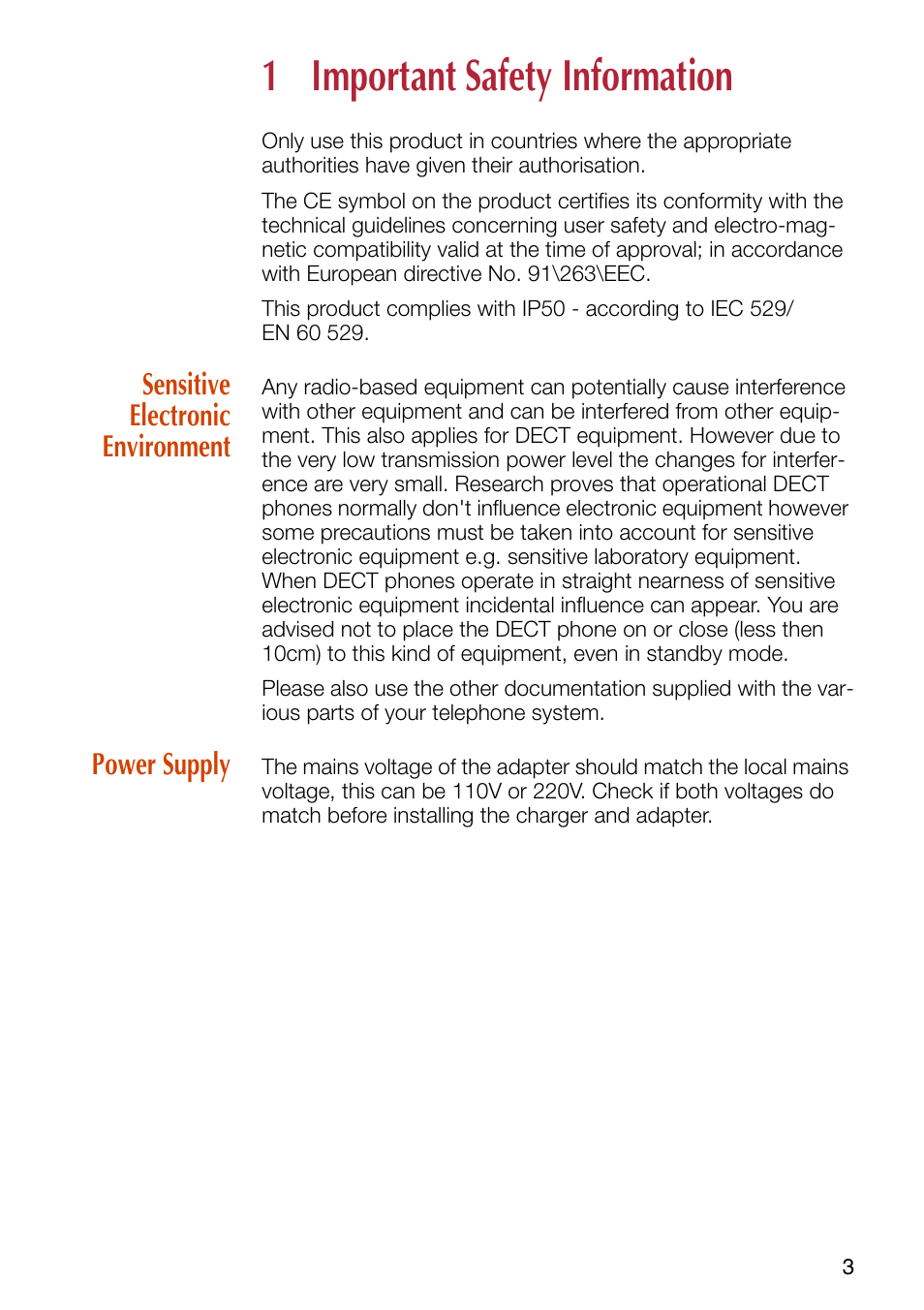 1 important safety information, Sensitive electronic environment, Power supply | Important safety information, Sensitive electronic environment power supply | Philips SOPHO iSMobile C244 User Manual | Page 5 / 43