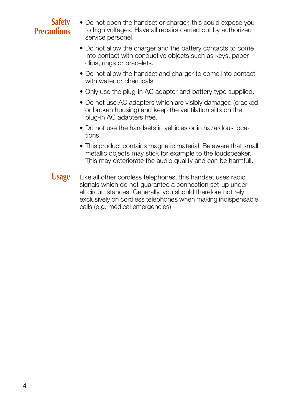 Safety precautions, Usage, Safety precautions usage | Philips SOPHO iSMobile C244 User Manual | Page 6 / 43
