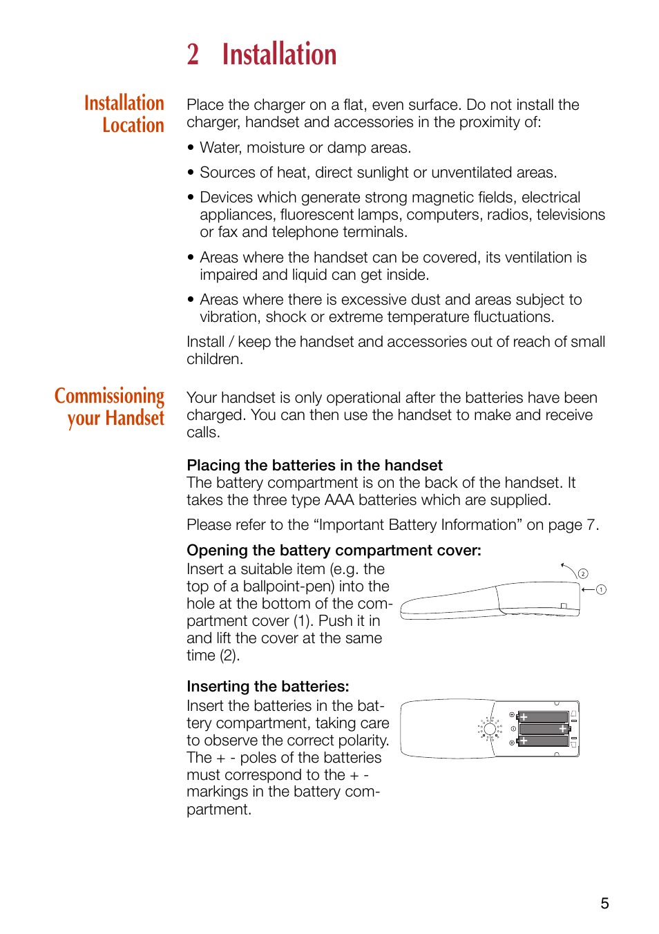 2 installation, Installation location, Commissioning your handset | Installation, Installation location commissioning your handset | Philips SOPHO iSMobile C244 User Manual | Page 7 / 43