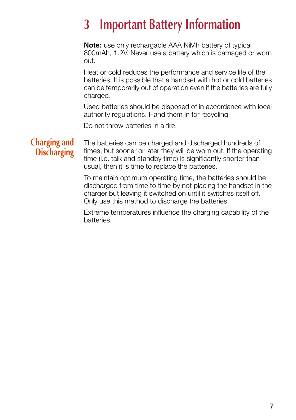 3 important battery information, Charging and discharging, Important battery information | Philips SOPHO iSMobile C244 User Manual | Page 9 / 43