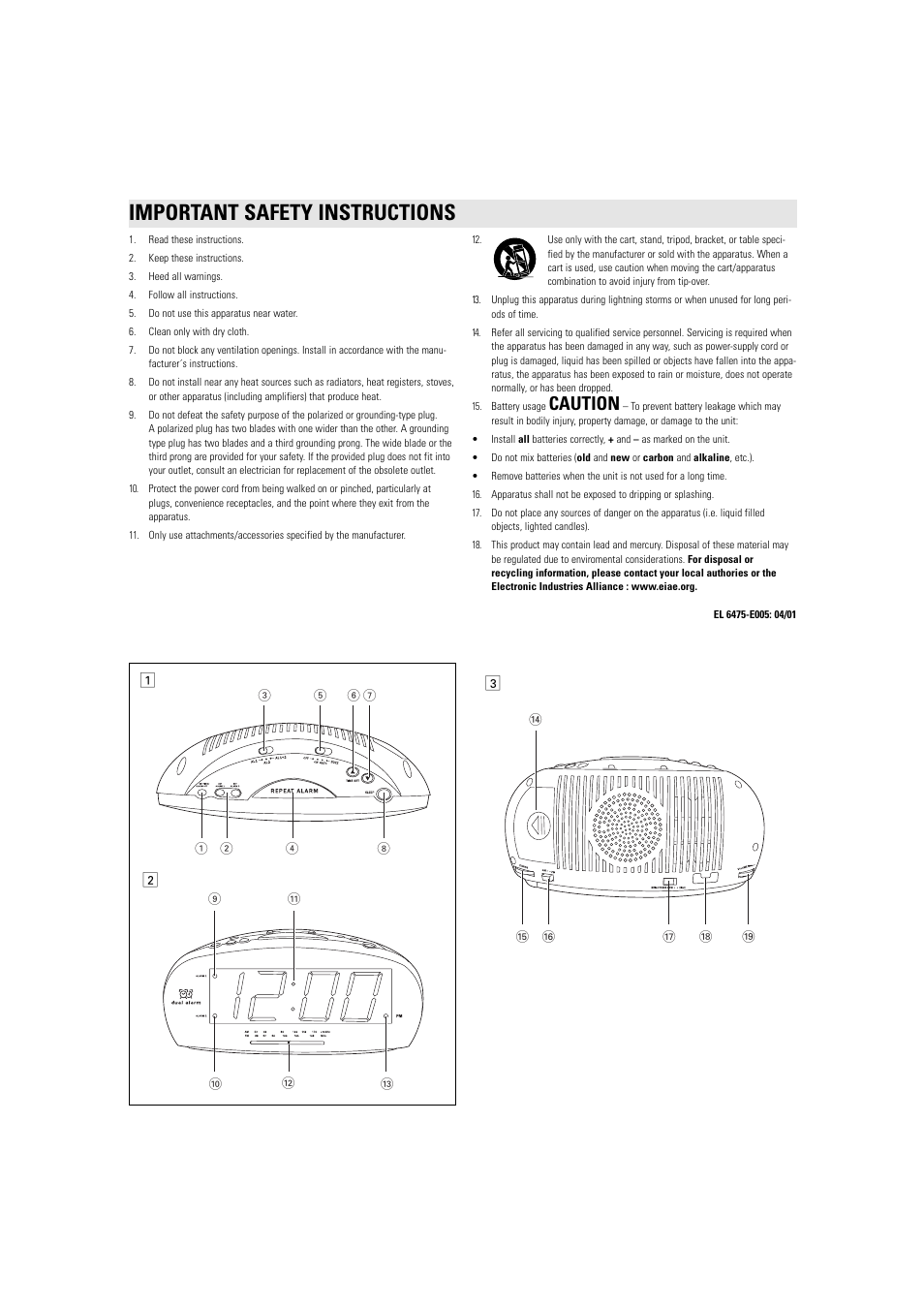 Important safety instructions, Caution | Philips AJ3540s User Manual | Page 2 / 5