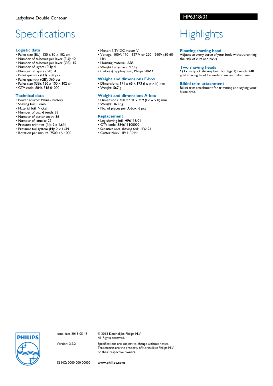 Specifications, Highlights | Philips HP6318 User Manual | Page 2 / 2