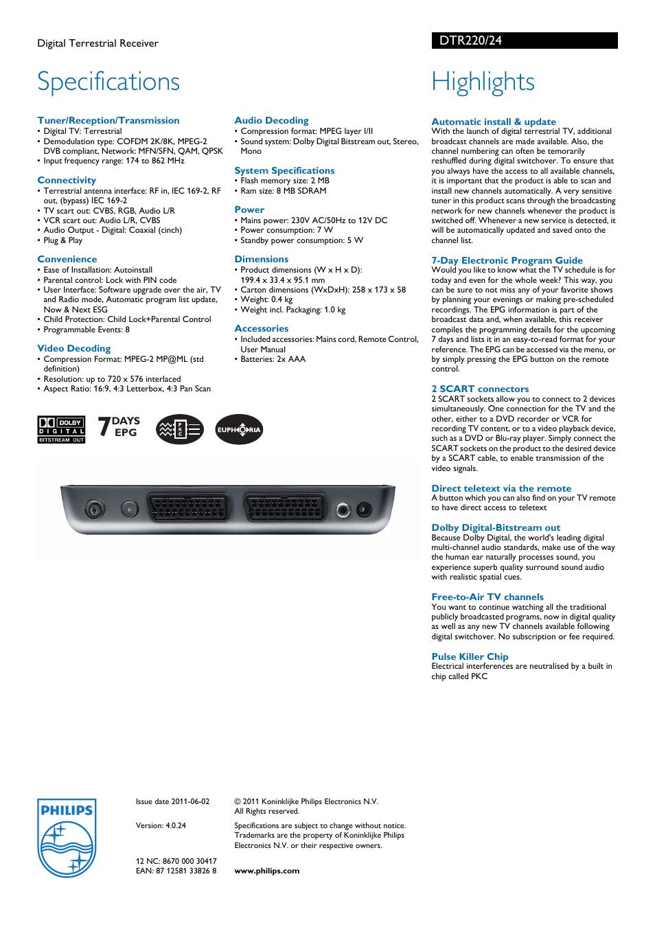 Specifications, Highlights | Philips DTR220 User Manual | Page 2 / 2