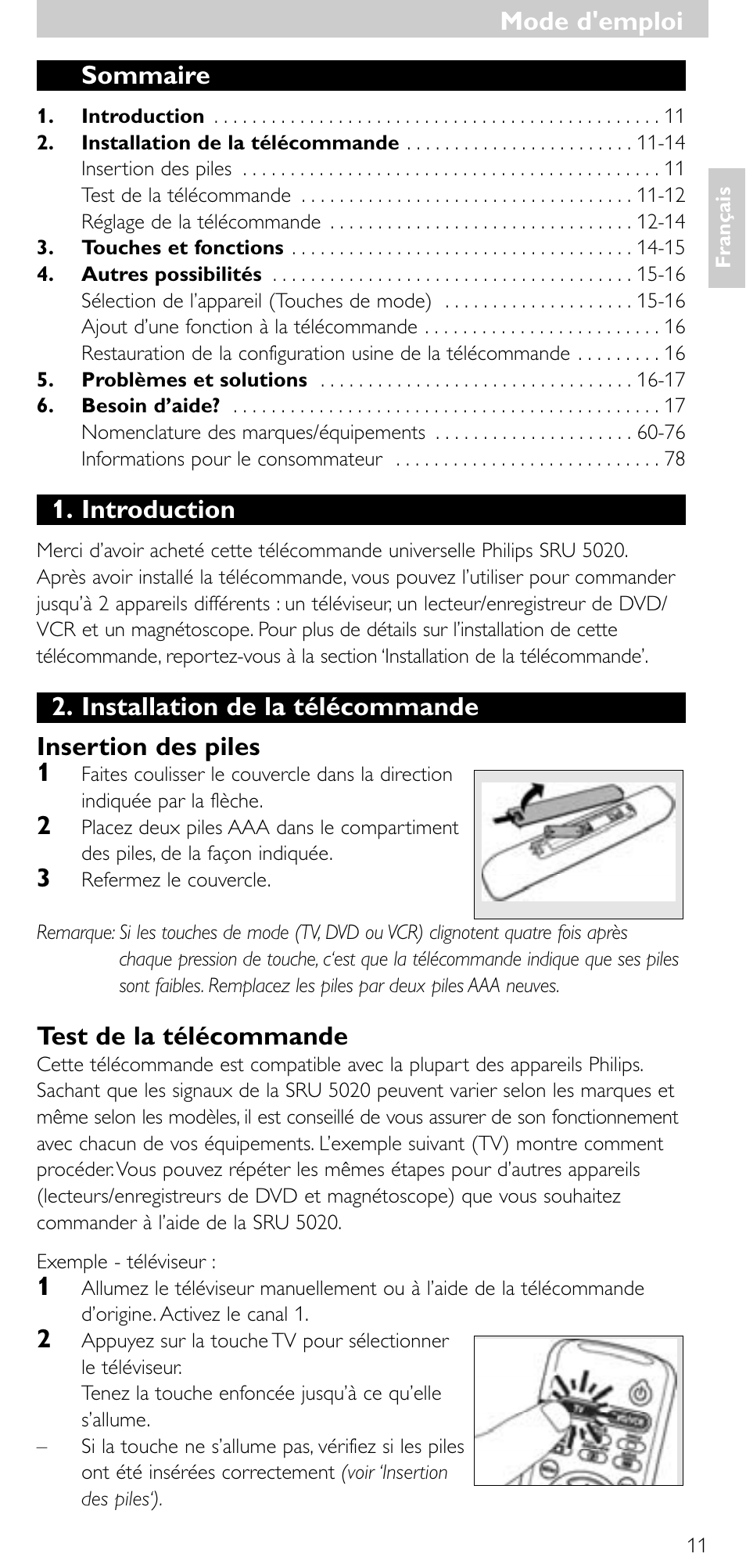 Sommaire, Introduction, Test de la télécommande | Mode d'emploi | Philips SRU 5020/86 User Manual | Page 10 / 81