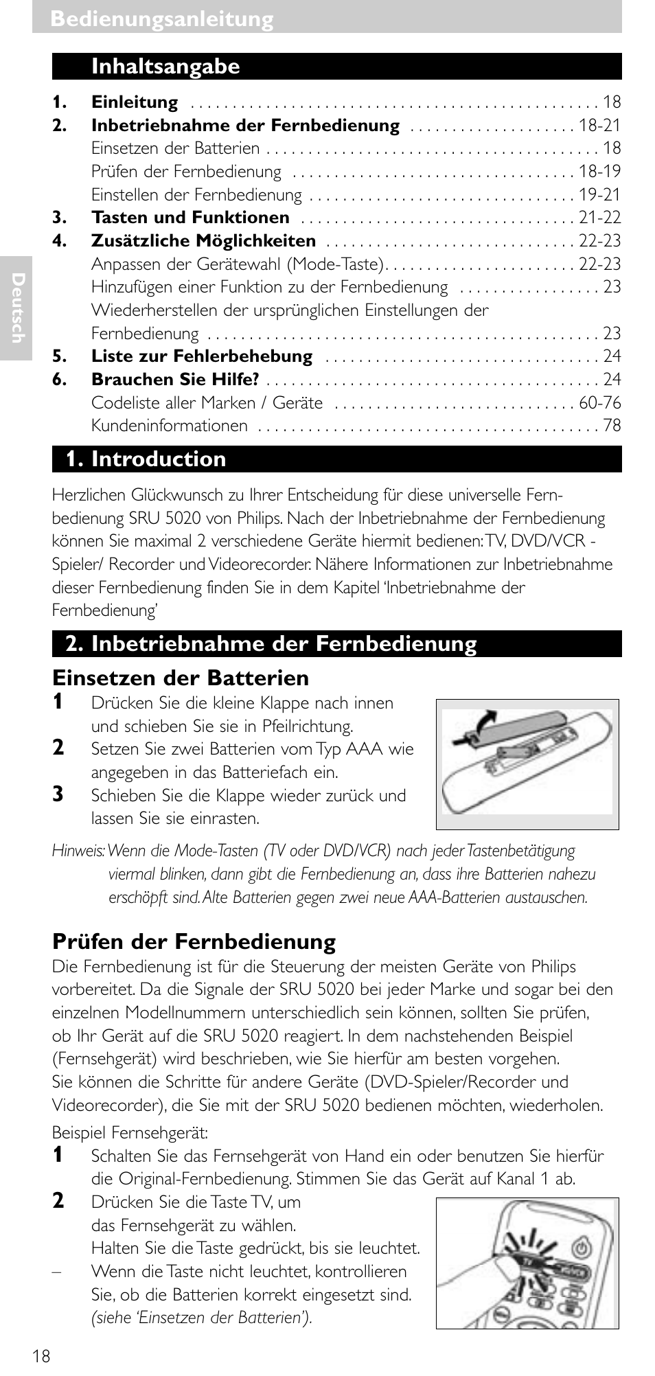 Inhaltsangabe, Introduction, Prüfen der fernbedienung | Bedienungsanleitung | Philips SRU 5020/86 User Manual | Page 17 / 81