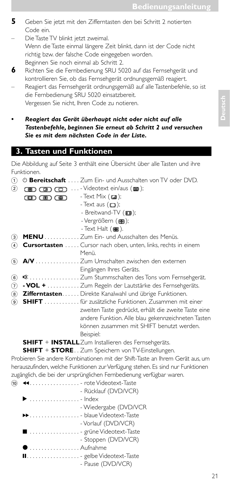 Tasten und funktionen, Bedienungsanleitung | Philips SRU 5020/86 User Manual | Page 20 / 81