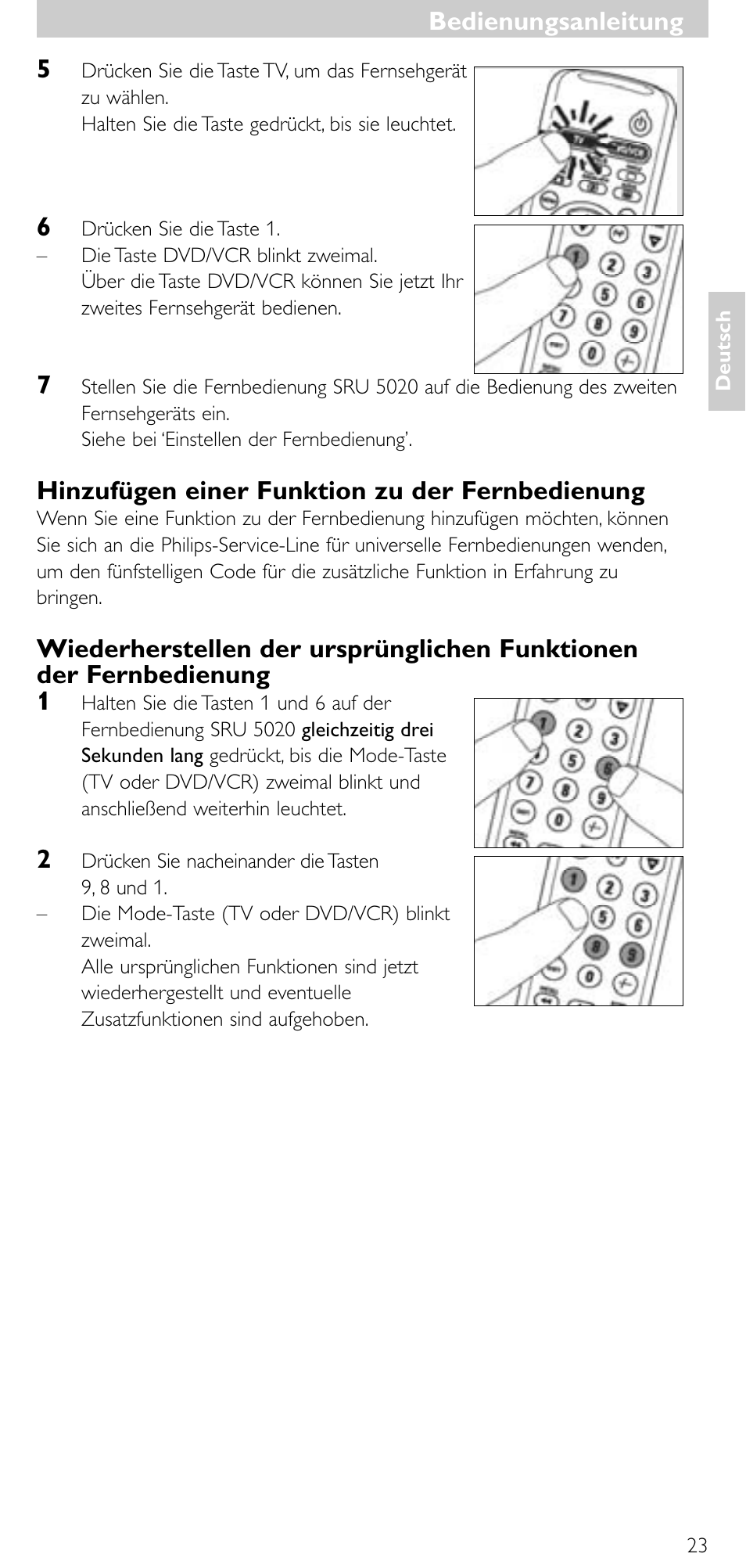Hinzufügen einer funktion zu der fernbedienung, Bedienungsanleitung | Philips SRU 5020/86 User Manual | Page 22 / 81