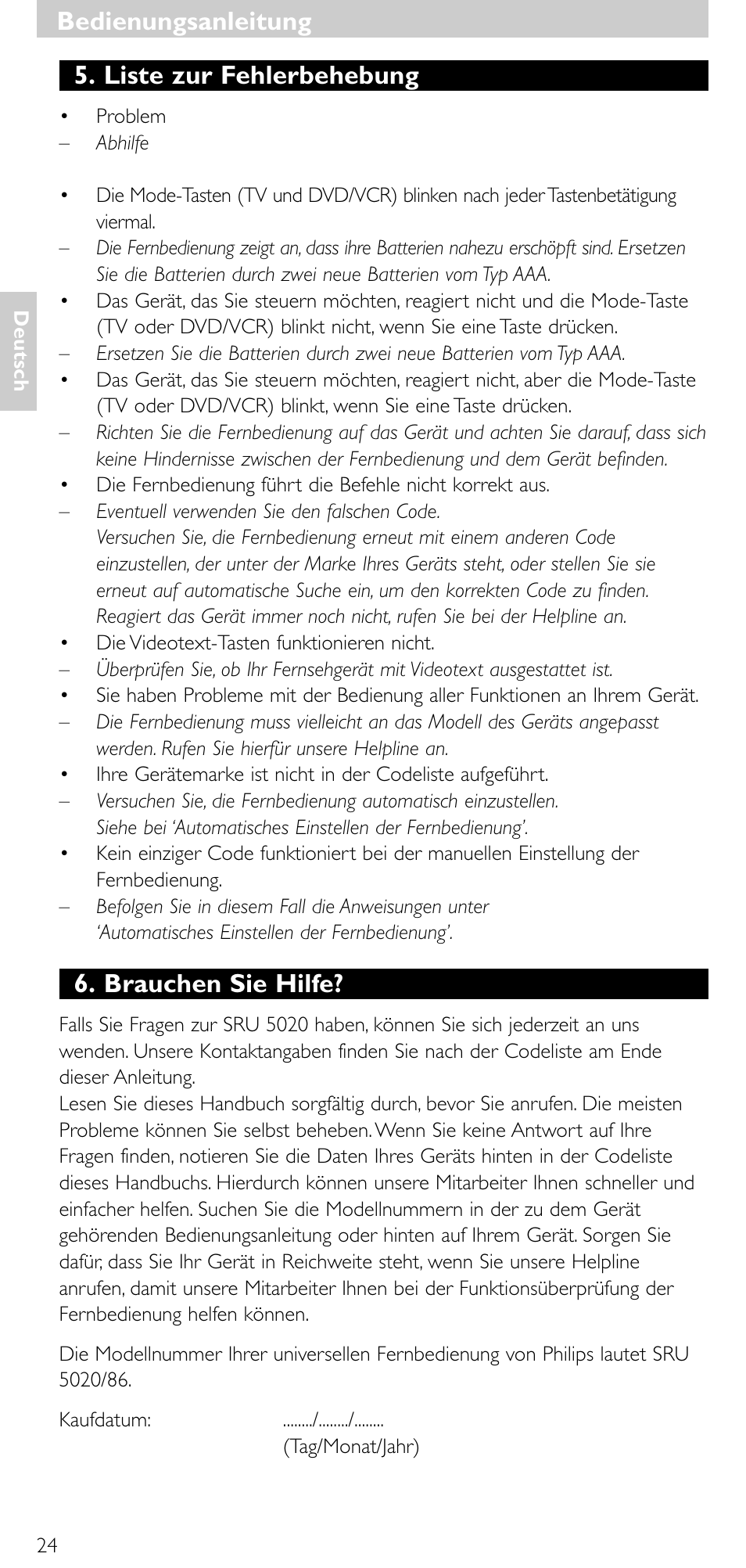 Liste zur fehlerbehebung, Brauchen sie hilfe, Bedienungsanleitung | Philips SRU 5020/86 User Manual | Page 23 / 81