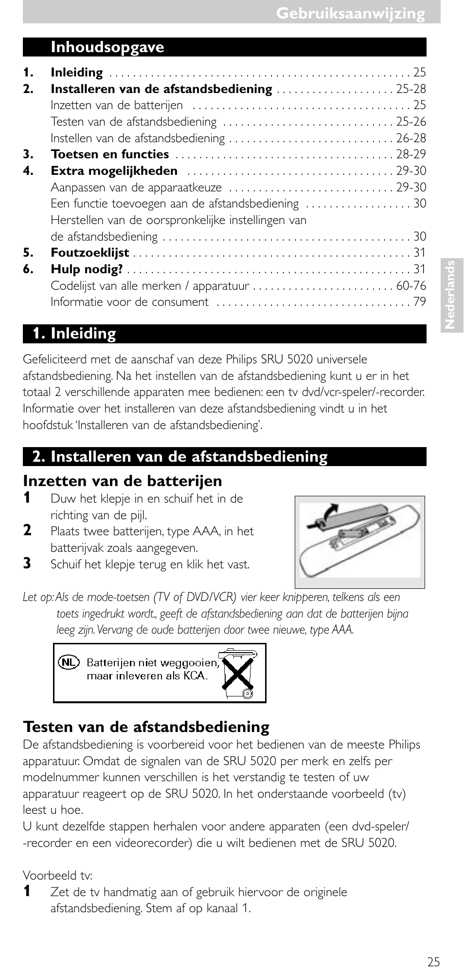 Inhoudsopgave, Inleiding, Testen van de afstandsbediening | Gebruiksaanwijzing | Philips SRU 5020/86 User Manual | Page 24 / 81