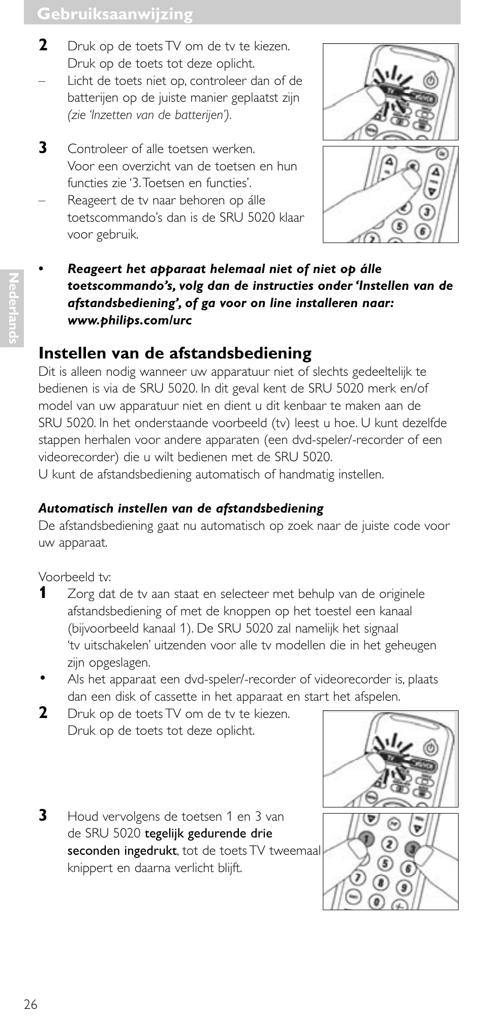 Instellen van de afstandsbediening, Gebruiksaanwijzing | Philips SRU 5020/86 User Manual | Page 25 / 81