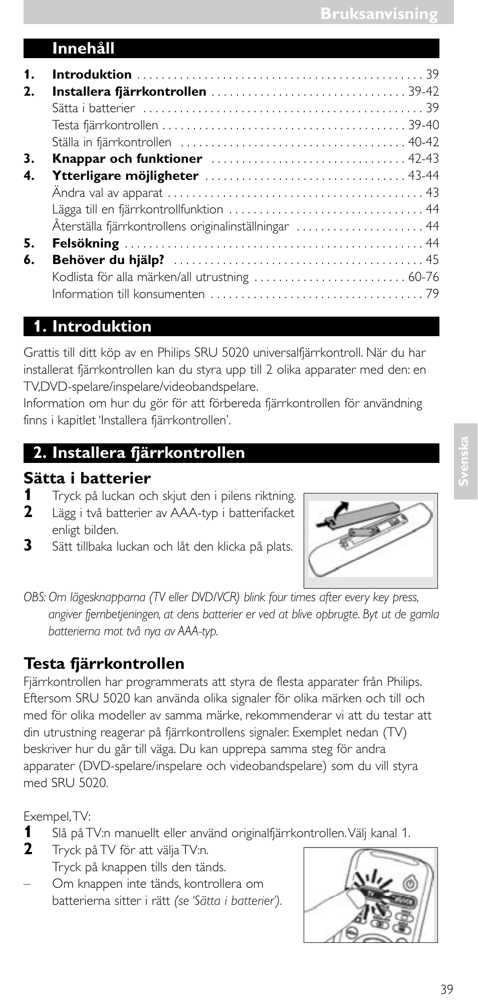 Innehåll, Introduktion, Installera fjärrkontrollen sätta i batterier 1 | Testa fjärrkontrollen, Bruksanvisning | Philips SRU 5020/86 User Manual | Page 38 / 81