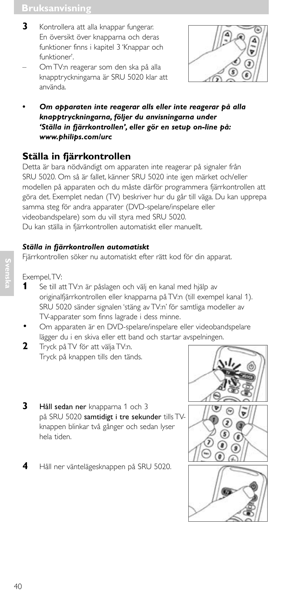 Ställa in fjärrkontrollen, Bruksanvisning | Philips SRU 5020/86 User Manual | Page 39 / 81