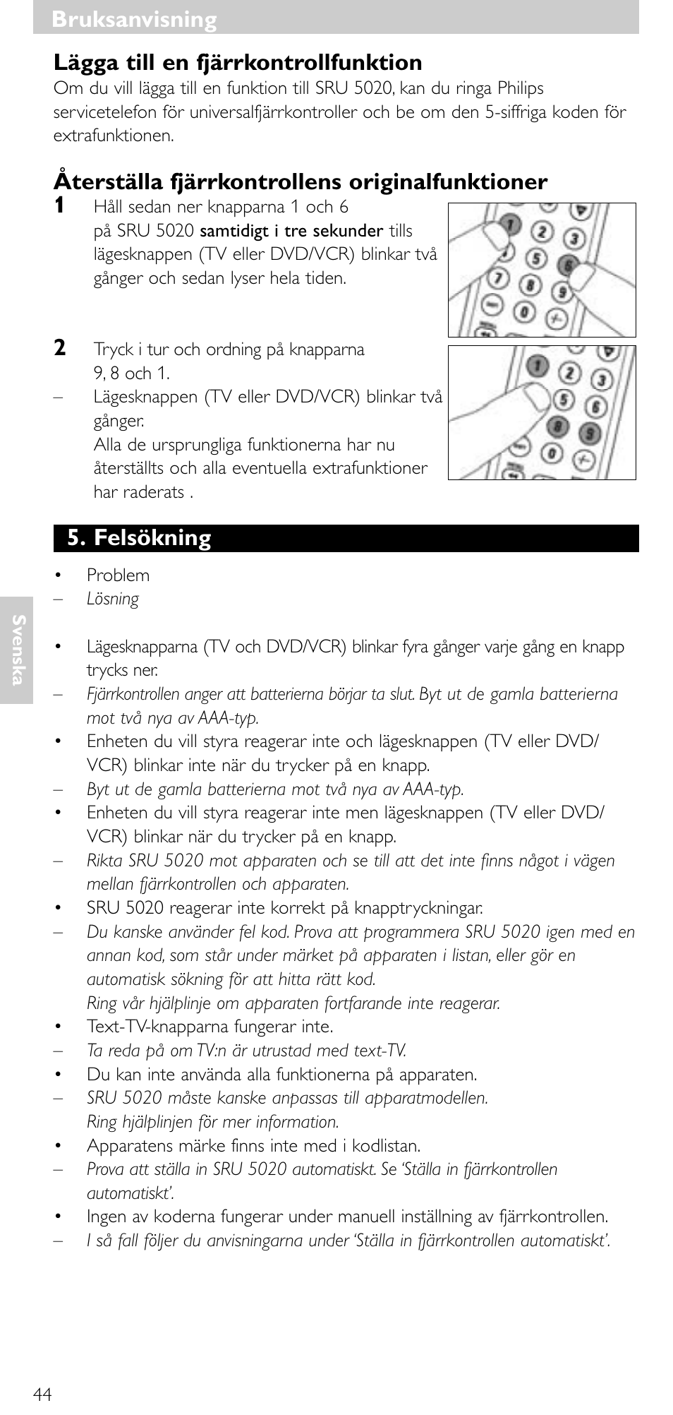 Lägga till en fjärrkontrollfunktion, Återställa fjärrkontrollens originalfunktioner 1, Felsökning | Bruksanvisning | Philips SRU 5020/86 User Manual | Page 43 / 81