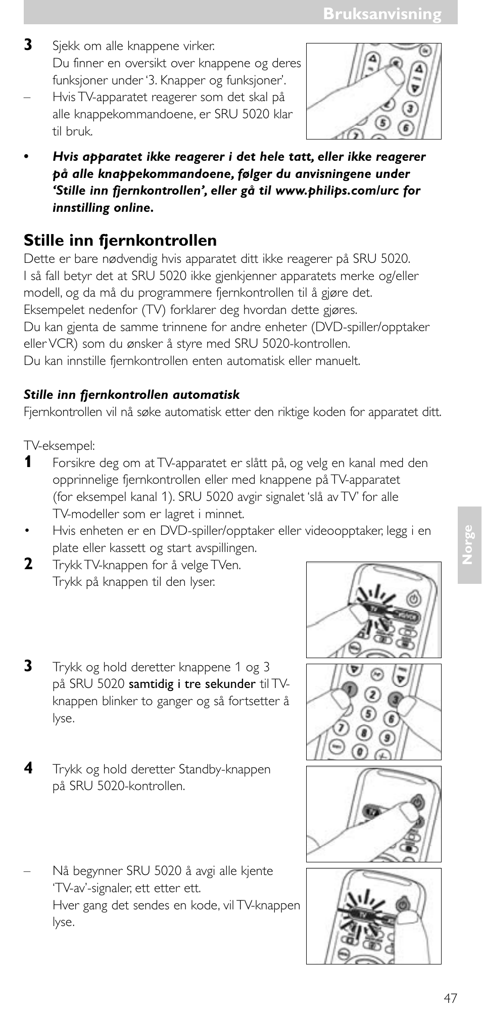 Stille inn fjernkontrollen, Bruksanvisning | Philips SRU 5020/86 User Manual | Page 46 / 81
