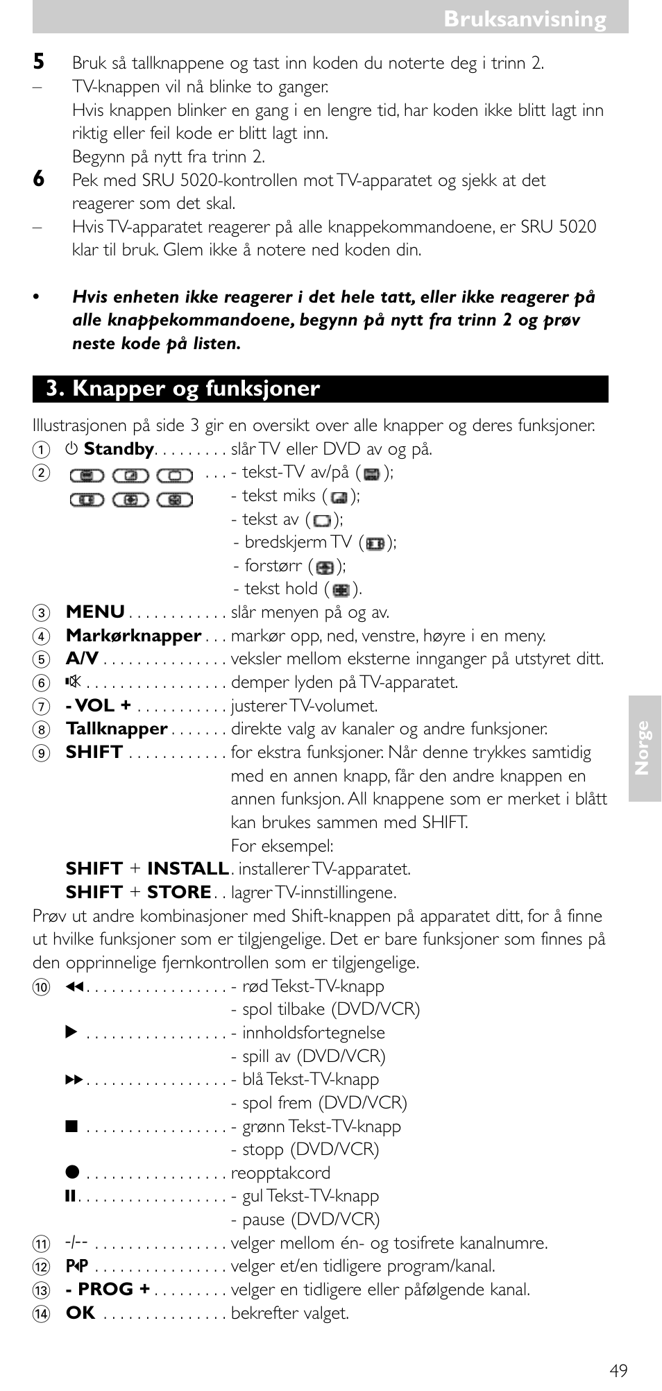 Knapper og funksjoner, Bruksanvisning | Philips SRU 5020/86 User Manual | Page 48 / 81