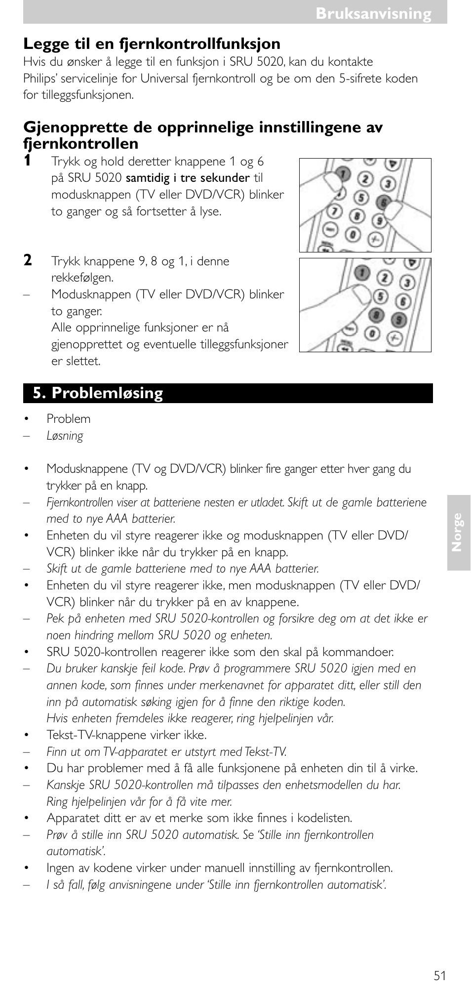 Legge til en fjernkontrollfunksjon, Problemløsing, Bruksanvisning | Philips SRU 5020/86 User Manual | Page 50 / 81