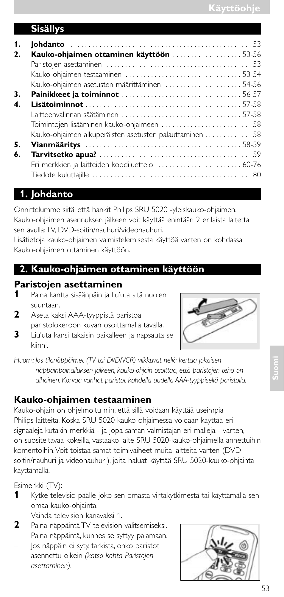 Sisällys, Johdanto, Kauko-ohjaimen testaaminen | Käyttöohje | Philips SRU 5020/86 User Manual | Page 52 / 81