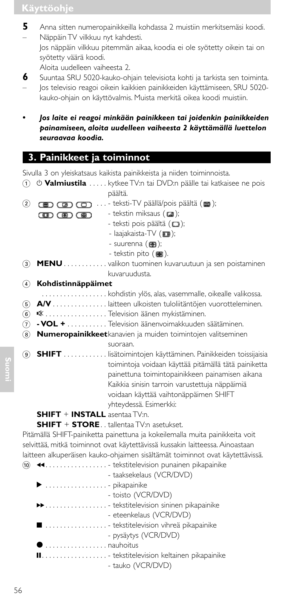 Painikkeet ja toiminnot, Käyttöohje | Philips SRU 5020/86 User Manual | Page 55 / 81