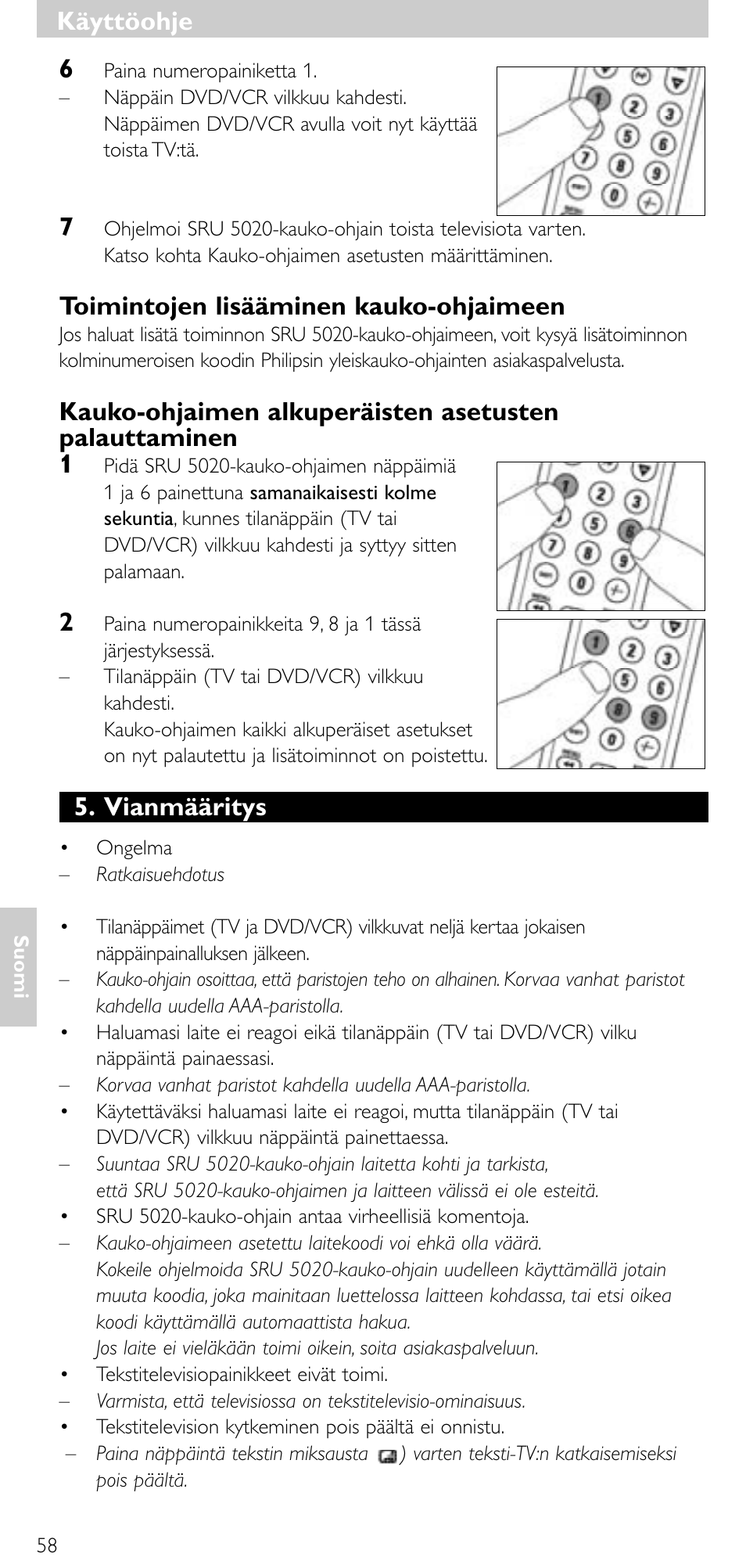 Toimintojen lisääminen kauko-ohjaimeen, Vianmääritys, Käyttöohje | Philips SRU 5020/86 User Manual | Page 57 / 81