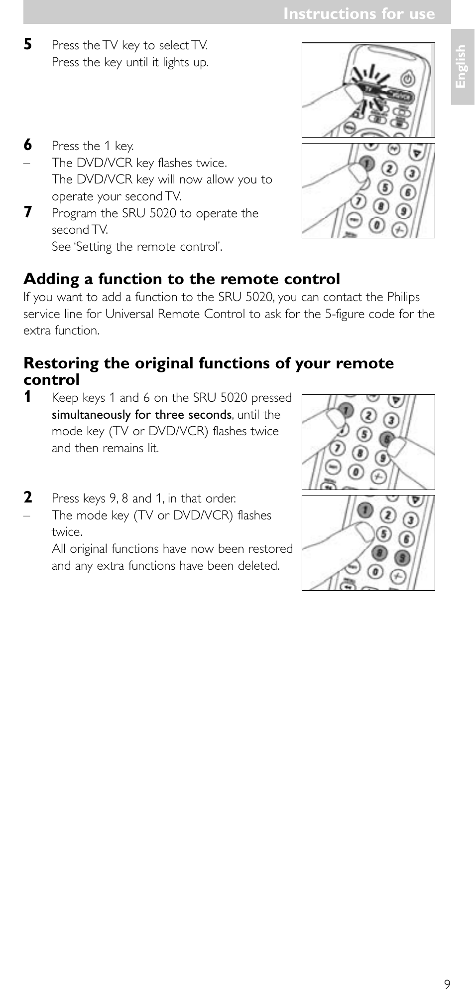 Adding a function to the remote control, Instructions for use | Philips SRU 5020/86 User Manual | Page 8 / 81