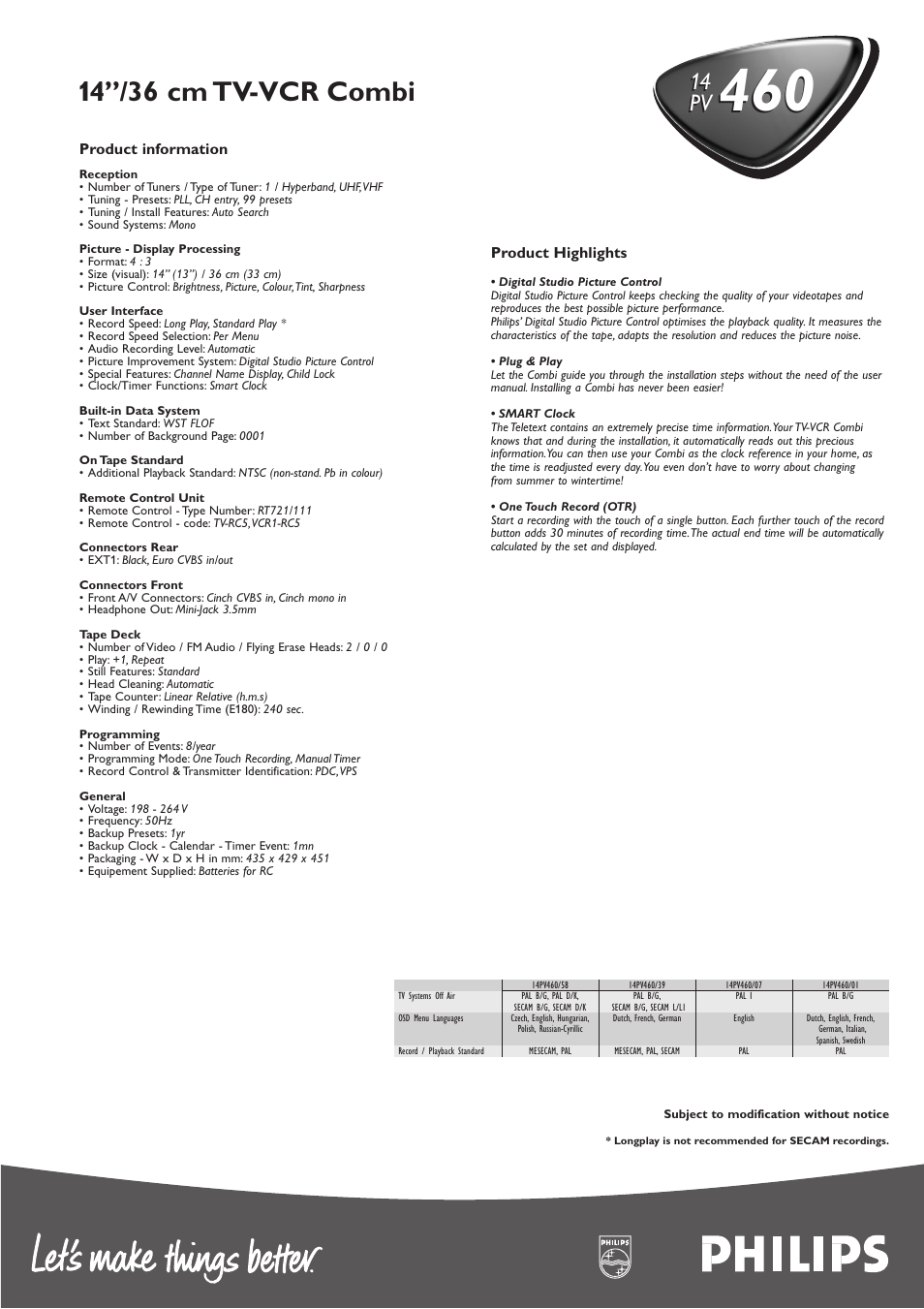 14’’/36 cm tv-vcr combi, 14 pv | Philips MMS 460 User Manual | Page 2 / 2