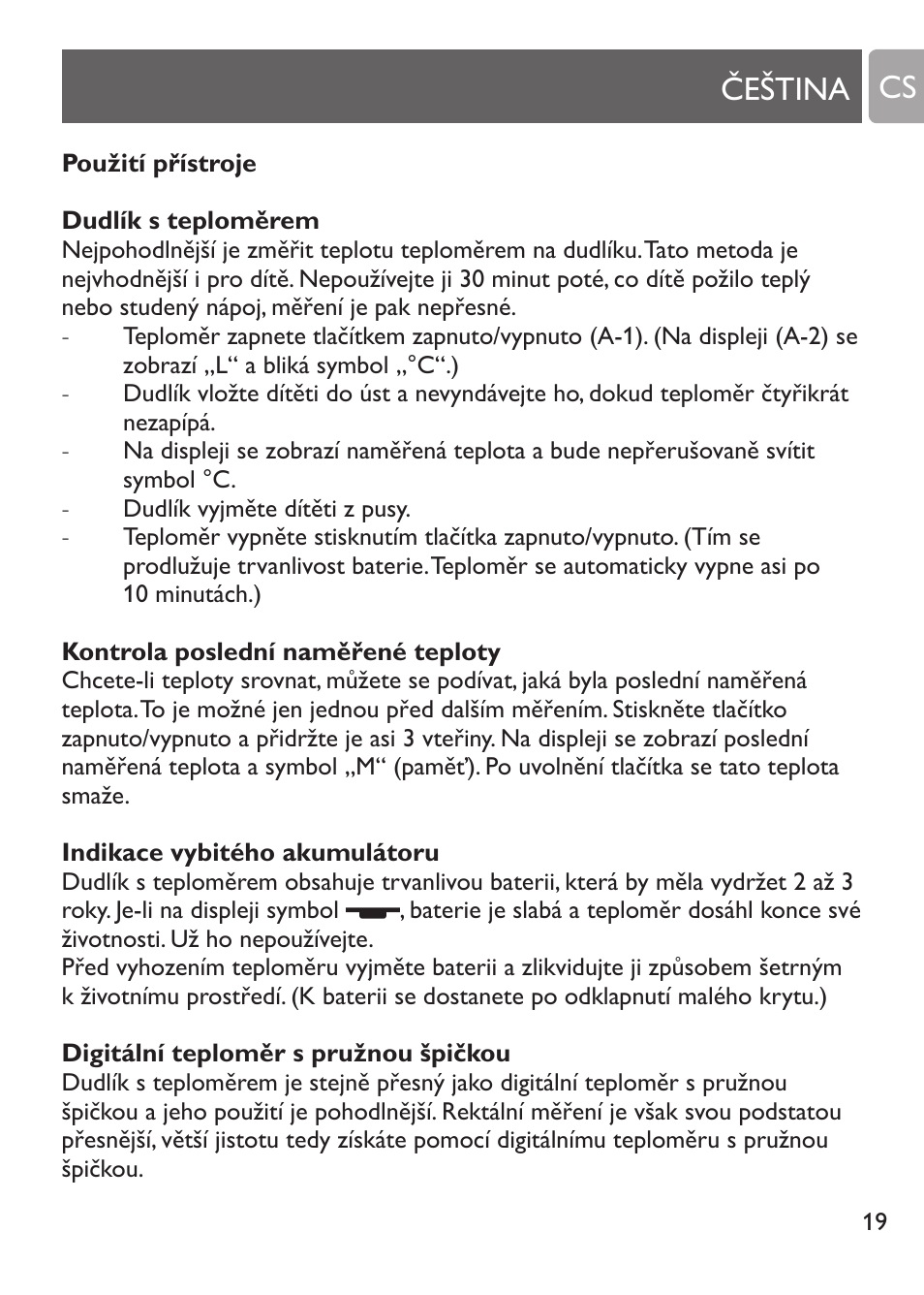 Péče o teploměry, Čeština cs | Philips SCH530/10 User Manual | Page 19 / 108