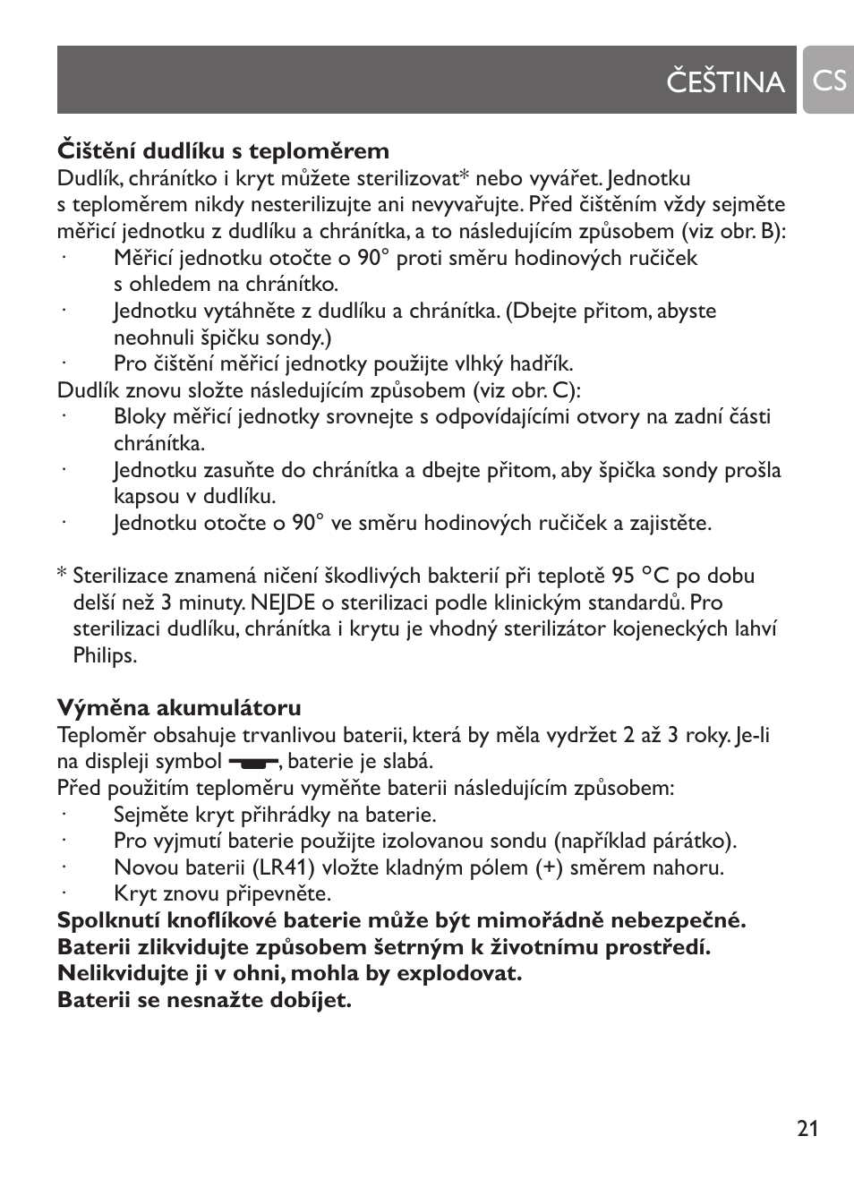 Kontrola poslední naměřené teploty, Měření teploty u starších dětí, Čeština cs | Philips SCH530/10 User Manual | Page 21 / 108