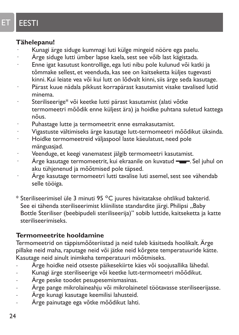 Eesti, Sissejuhatus, Termomeetrite kasutamise viisid | Laste temperatuur, Eesti et | Philips SCH530/10 User Manual | Page 24 / 108