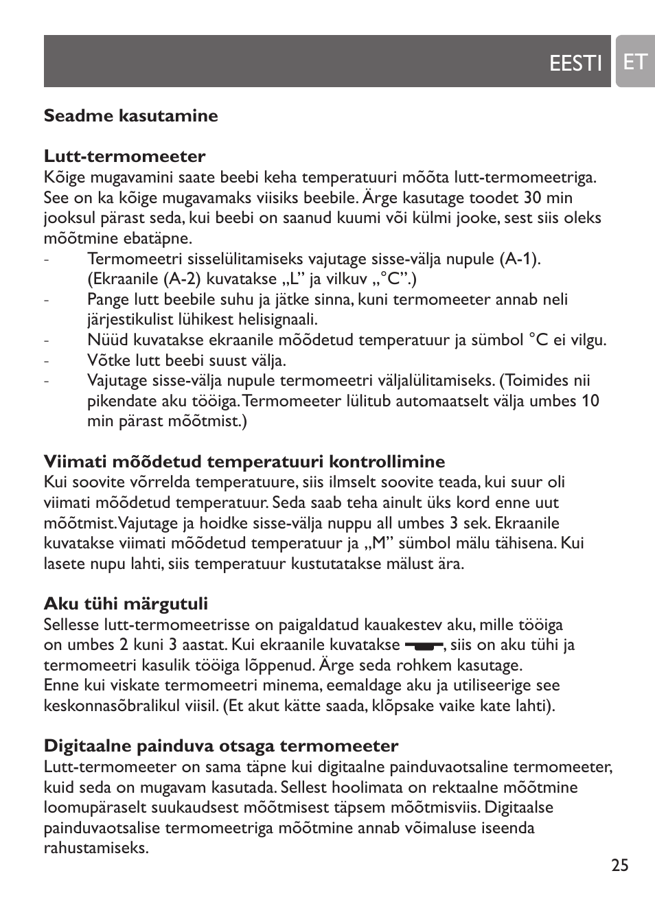 Tähelepanu, Termomeetrite hooldamine, Eesti et | Philips SCH530/10 User Manual | Page 25 / 108