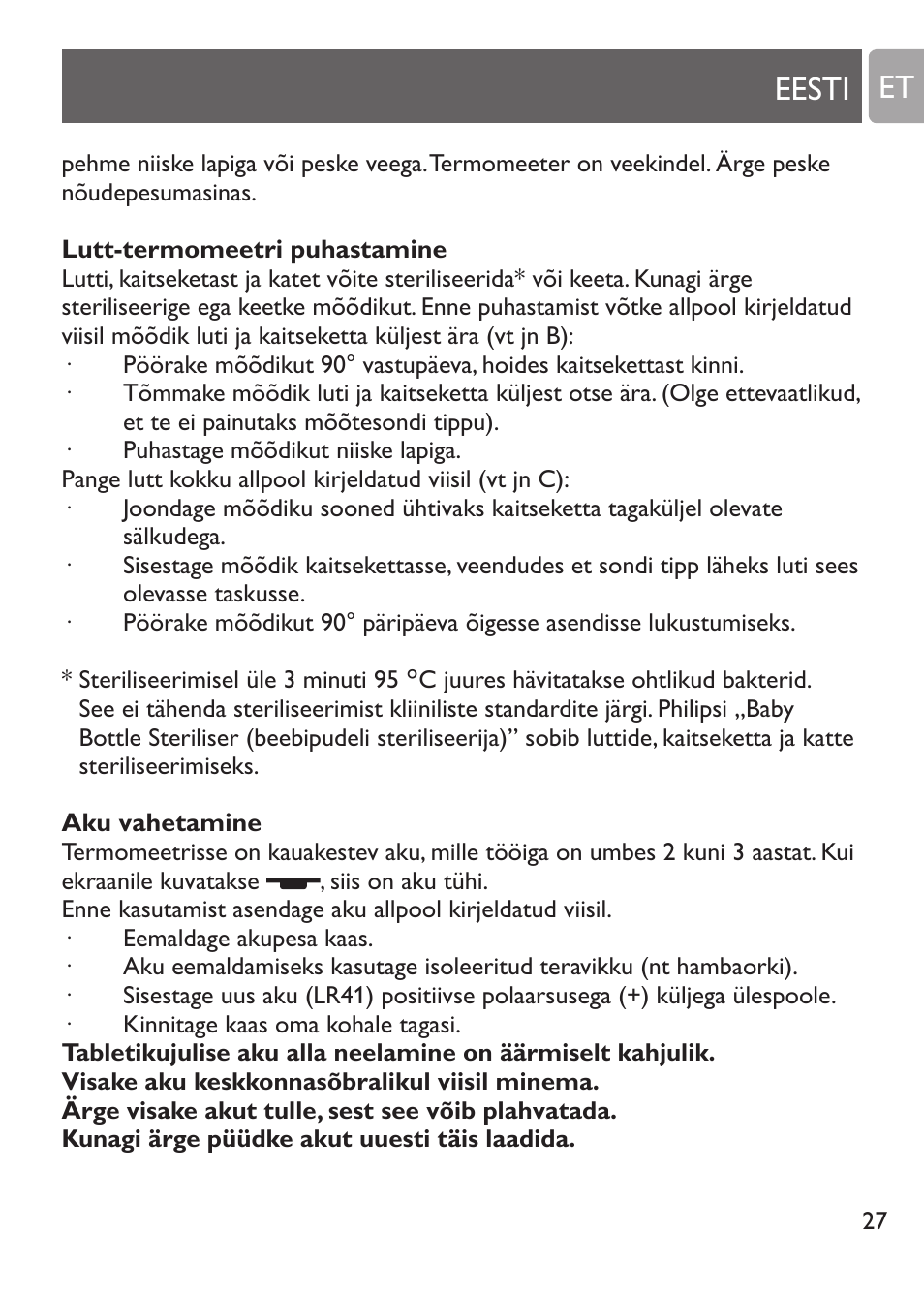 Digitaalne painduva otsaga termomeeter, Viimati mõõdetud temperatuuri kontrollimine, Eesti et | Philips SCH530/10 User Manual | Page 27 / 108