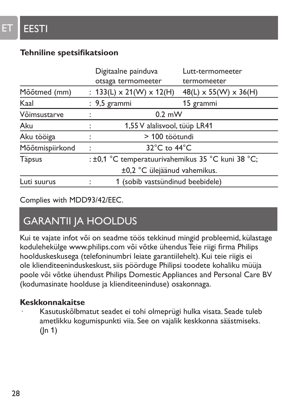 Vanemate laste temperatuuri mõõtmine, Puhastamine, Lutt-termomeetri puhastamine | Eesti garantii ja hooldus et | Philips SCH530/10 User Manual | Page 28 / 108