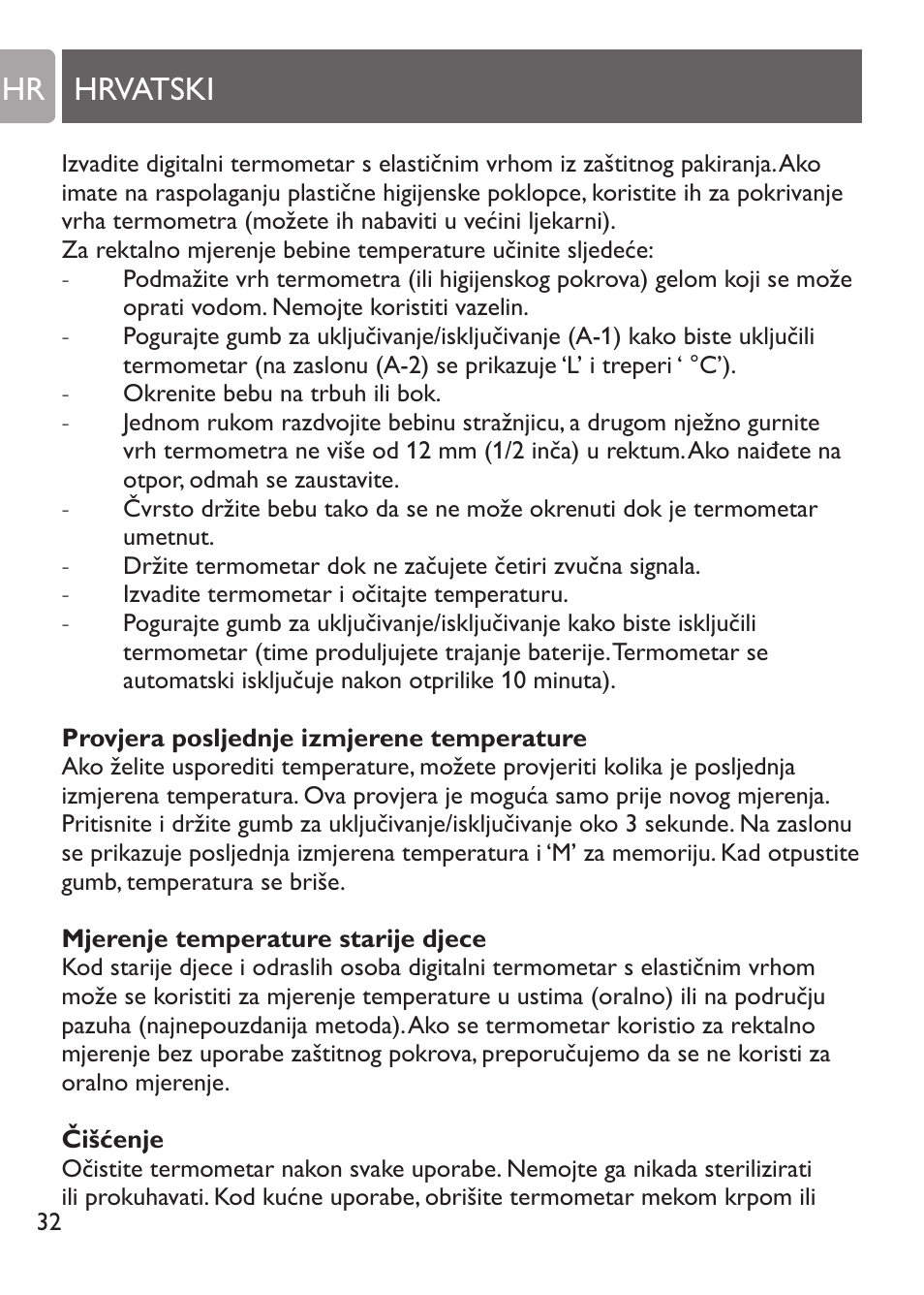 Korištenje aparata, Duda s termometrom, Provjera posljednje izmjerene temperature | Oznaka da je baterija pri kraju, Hrvatski hr | Philips SCH530/10 User Manual | Page 32 / 108