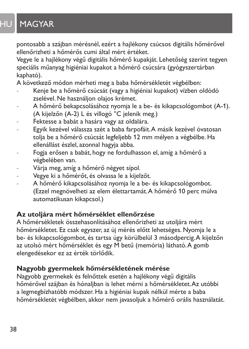 Fontos, A hőmérők ápolása, Magyar hu | Philips SCH530/10 User Manual | Page 38 / 108