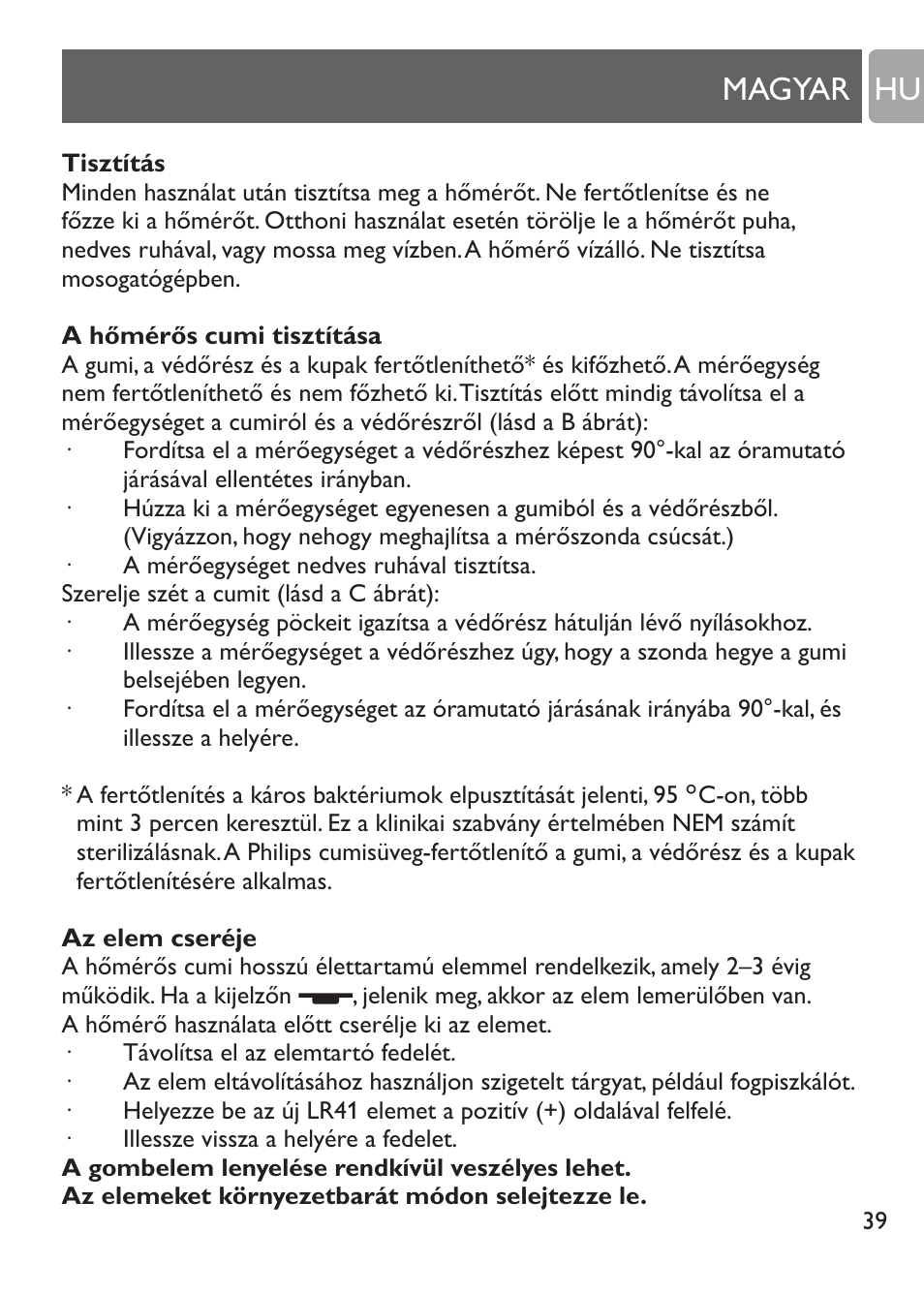 A készülék használata, Hőmérős cumi, Az utoljára mért hőmérséklet ellenőrzése | Alacsony akkutöltöttség jelzőfény, Magyar hu | Philips SCH530/10 User Manual | Page 39 / 108