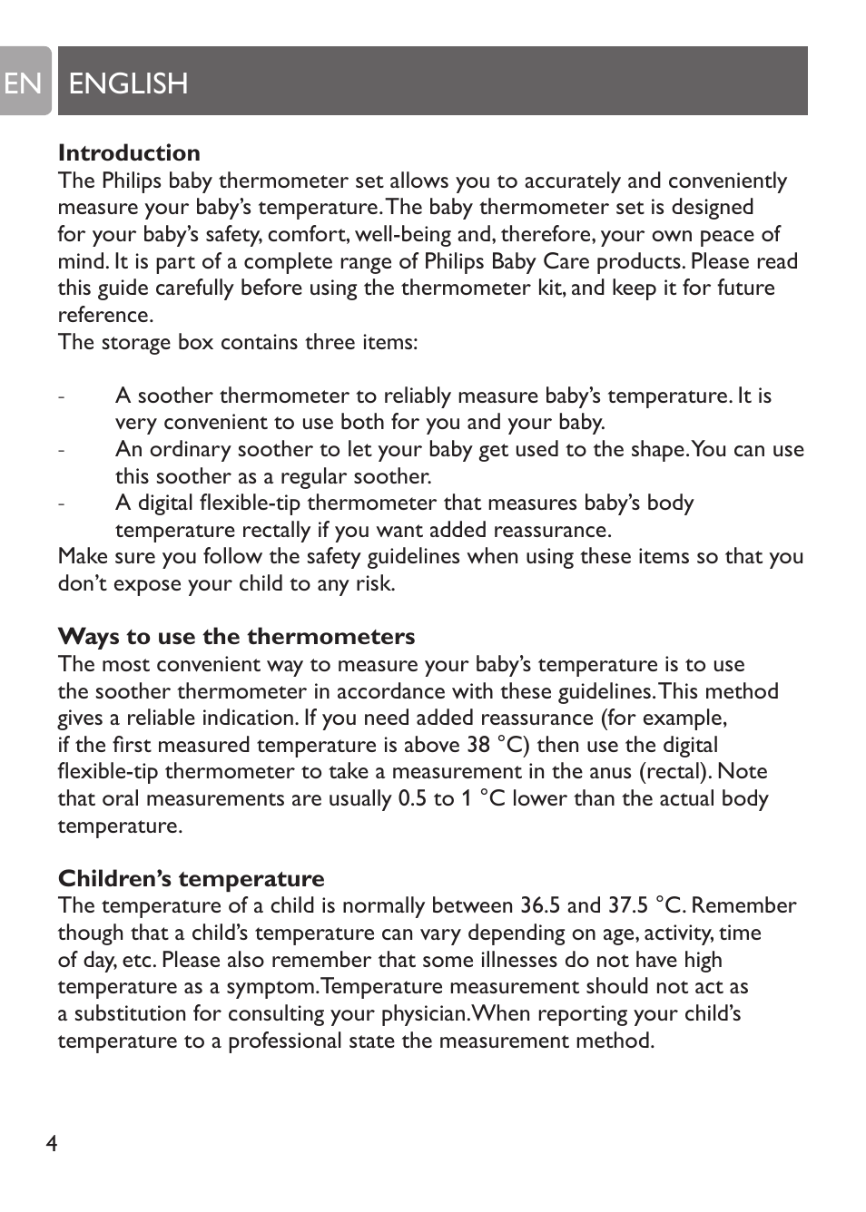 English, Introduction, Ways to use the thermometers | Children’s temperature, English en | Philips SCH530/10 User Manual | Page 4 / 108