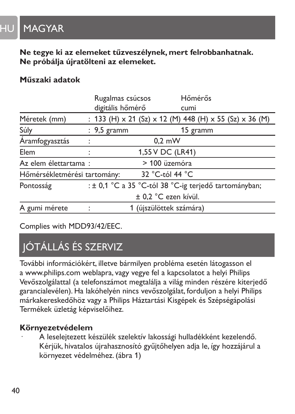 Hajlékony csúcsos digitális hőmérő, Az utoljára mért hőmérséklet ellenőrzése, Magyar jótállás és szerviz hu | Philips SCH530/10 User Manual | Page 40 / 108