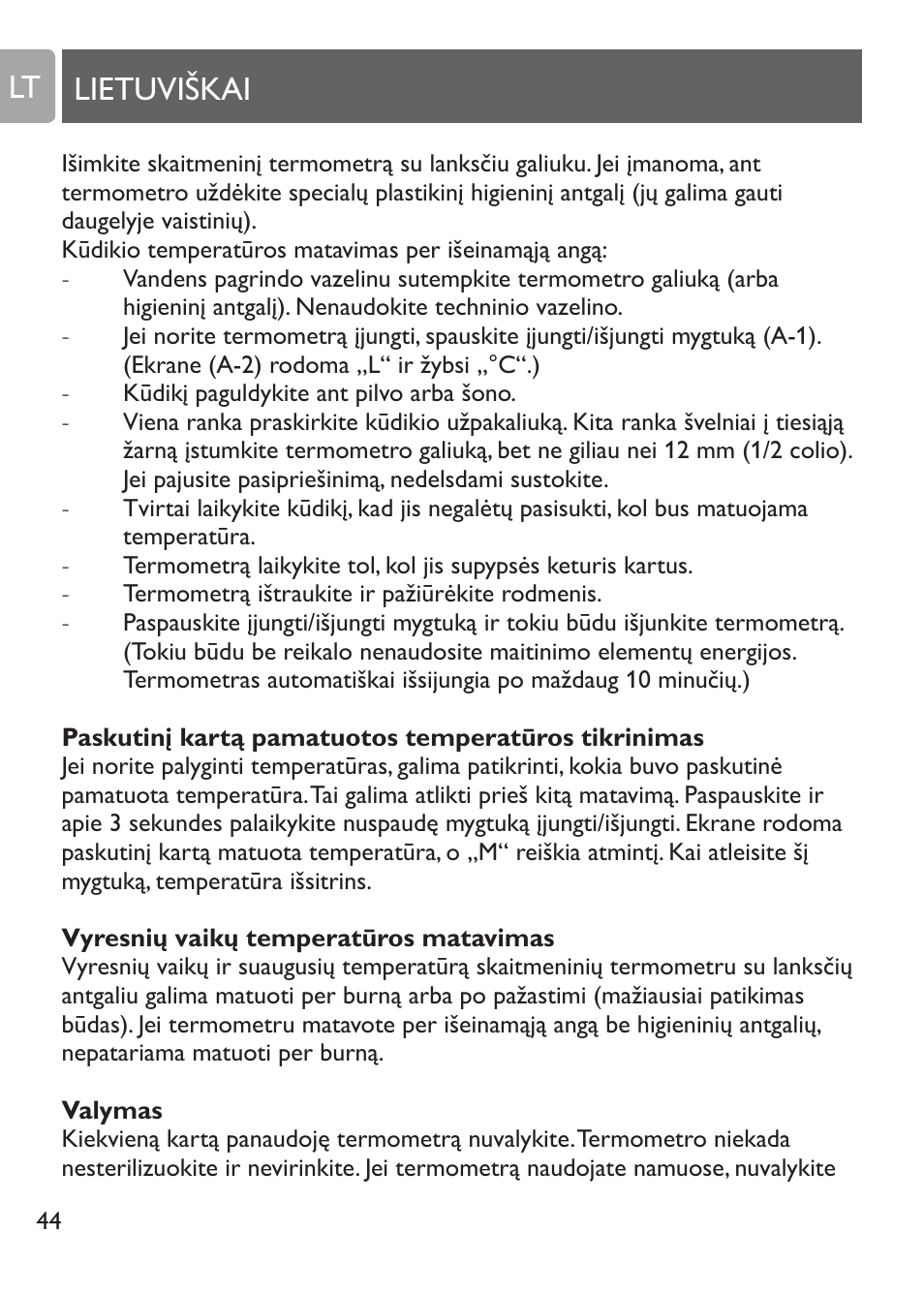 Svarbu, Termometrų saugojimas, Lietuviškai lt | Philips SCH530/10 User Manual | Page 44 / 108