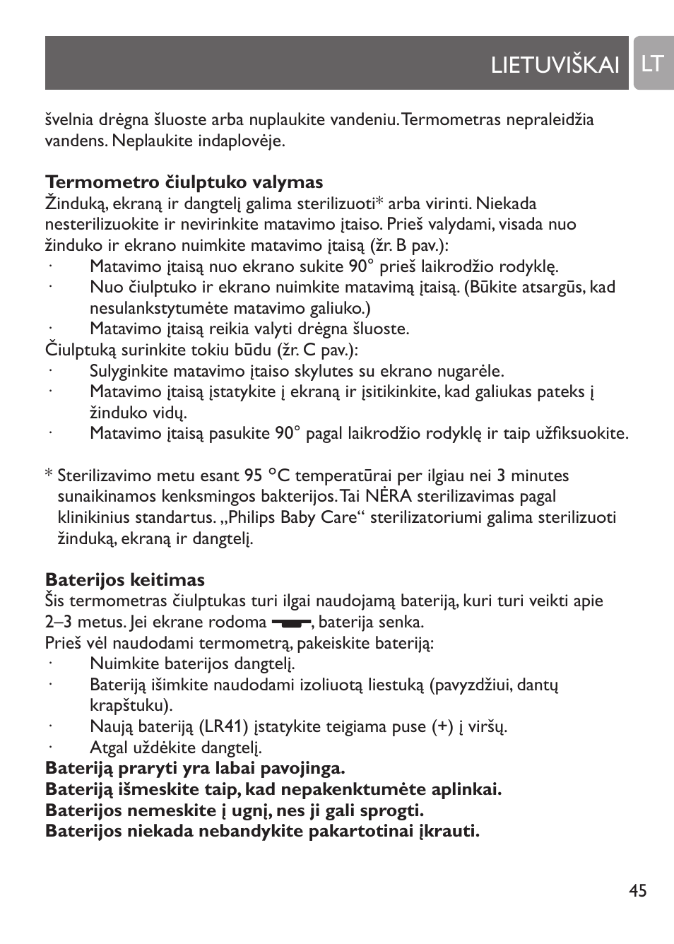 Prietaiso naudojimas, Termometras čiulptukas, Paskutinį kartą pamatuotos temperatūros tikrinimas | Išsikrovusios baterijos indikatorius, Lietuviškai lt | Philips SCH530/10 User Manual | Page 45 / 108