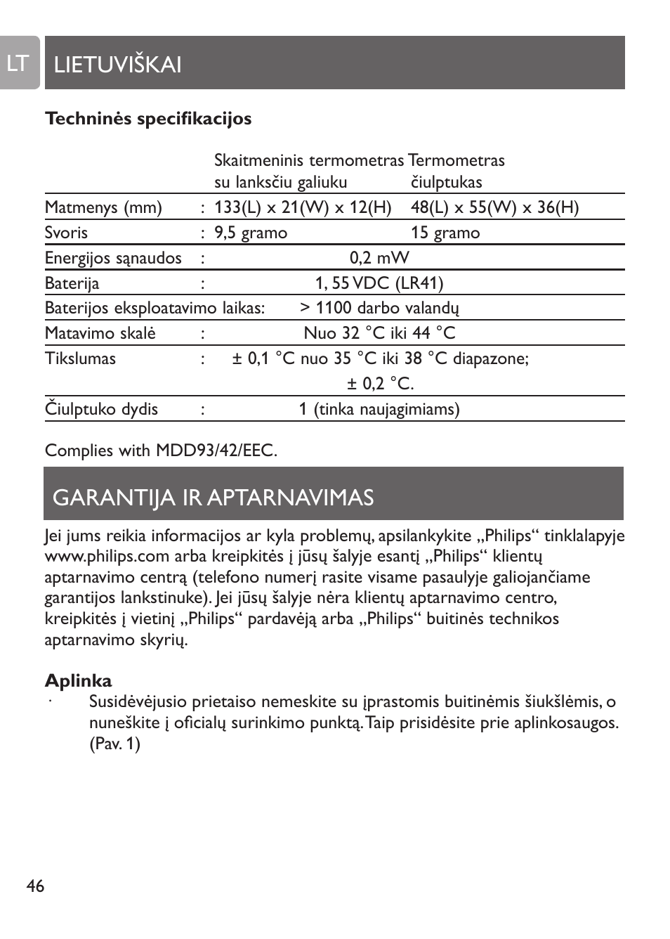 Skaitmeninis termometras su lanksčiu galiuku, Paskutinį kartą pamatuotos temperatūros tikrinimas, Lietuviškai garantija ir aptarnavimas lt | Philips SCH530/10 User Manual | Page 46 / 108