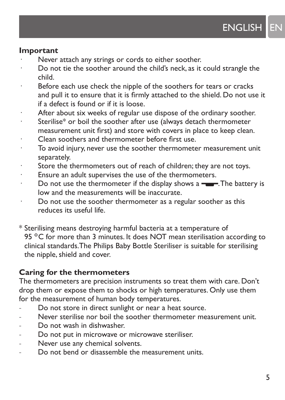 Important, Caring for the themometers, English en | Philips SCH530/10 User Manual | Page 5 / 108