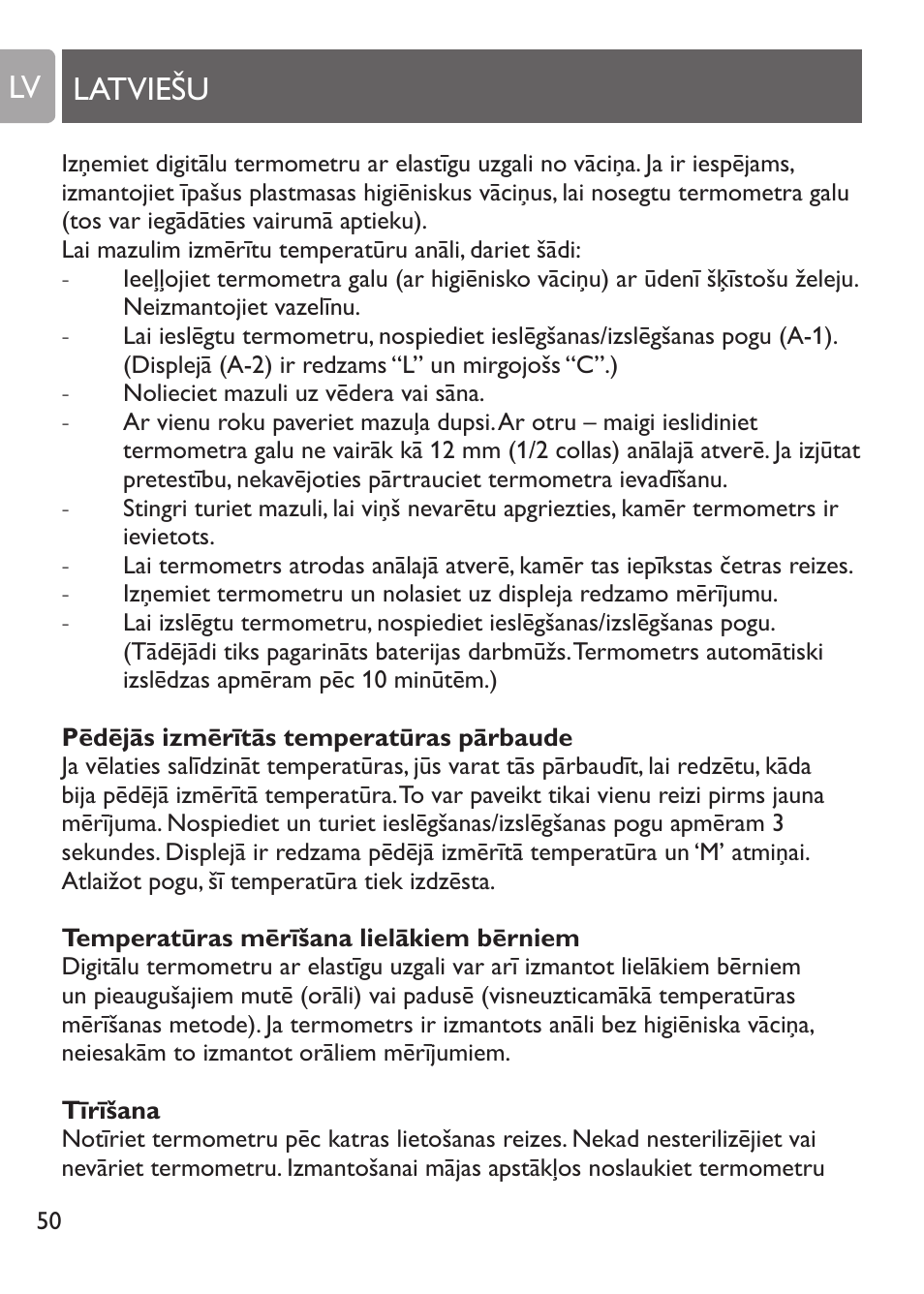 Svarīgi, Termometru kopšana, Latviešu lv | Philips SCH530/10 User Manual | Page 50 / 108