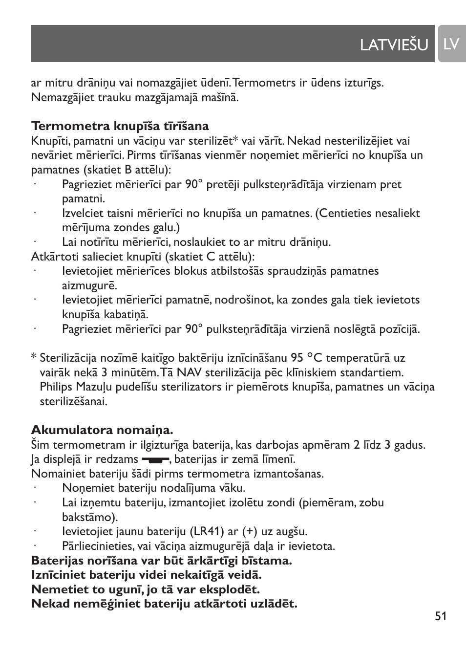 Ierīces lietošana, Termometrs knupītis, Pēdējās izmērītās temperatūras pārbaude | Indikators “baterija izlādēta, Latviešu lv | Philips SCH530/10 User Manual | Page 51 / 108