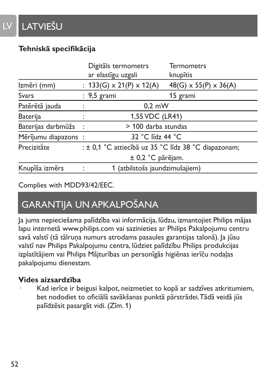 Digitāls termometrs ar elastīgu uzgali, Pēdējās izmērītās temperatūras pārbaude, Latviešu garantija un apkalpošana lv | Philips SCH530/10 User Manual | Page 52 / 108