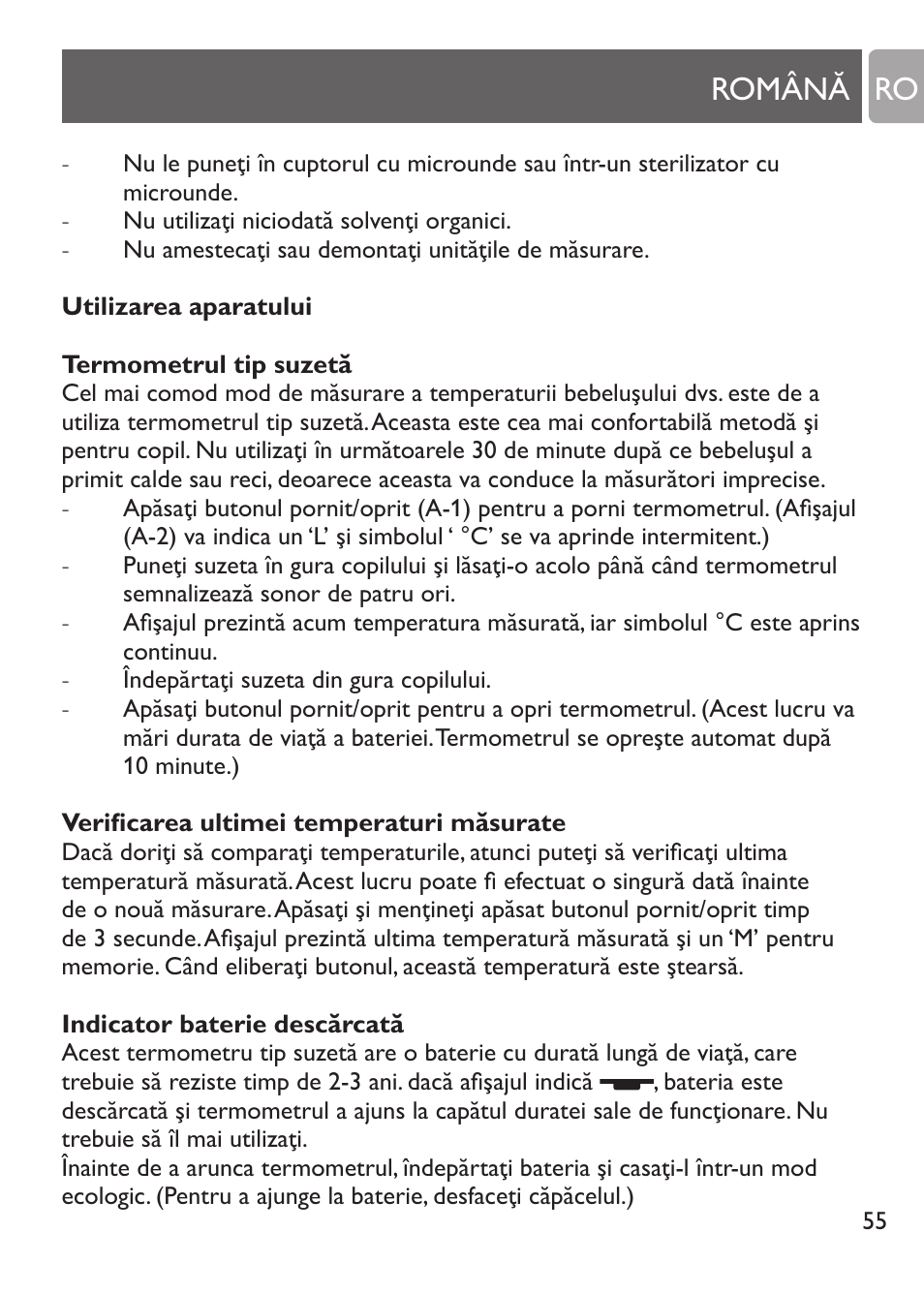 Română, Introducere, Moduri de utilizare a termometrelor | Temperaturile copiilor, Română ro | Philips SCH530/10 User Manual | Page 55 / 108