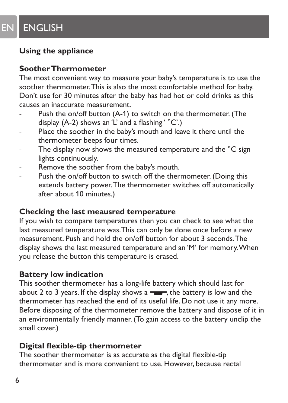 Using the appliance, Soother thermometer, Checking the last meausred temperature | Battery low indication, English en | Philips SCH530/10 User Manual | Page 6 / 108