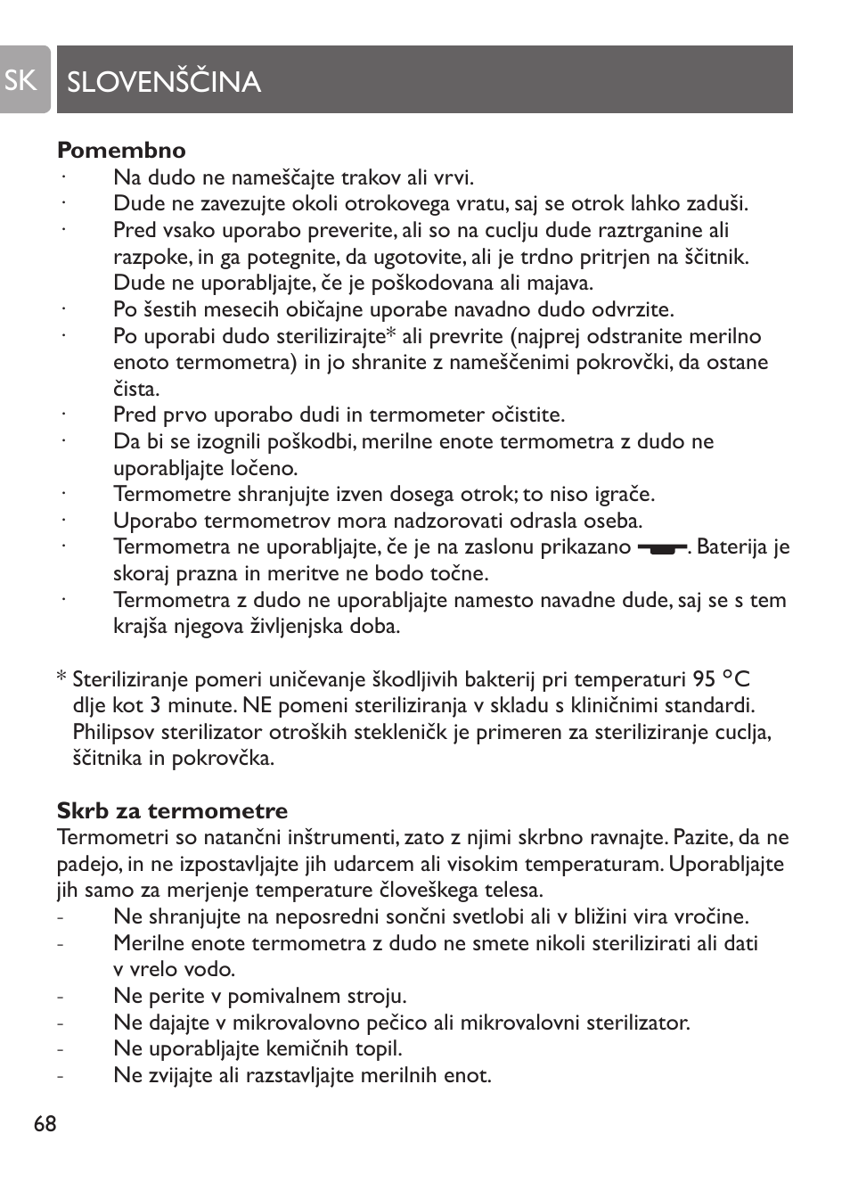 Skrb za termometre, Slovenščina sk | Philips SCH530/10 User Manual | Page 68 / 108