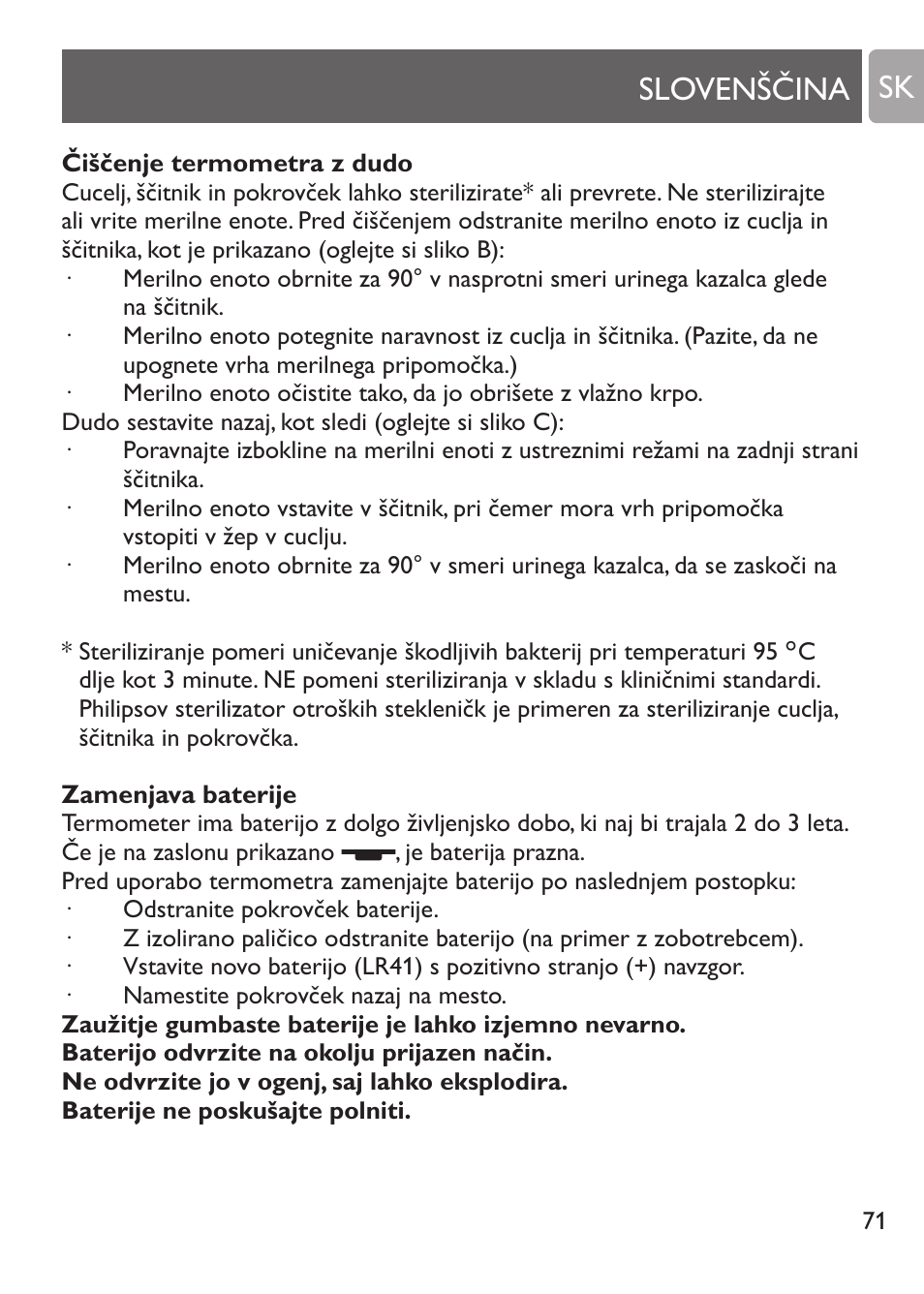 Čiščenje, Čiščenje termometra z dudo, Zamenjava baterije | Slovenščina sk | Philips SCH530/10 User Manual | Page 71 / 108